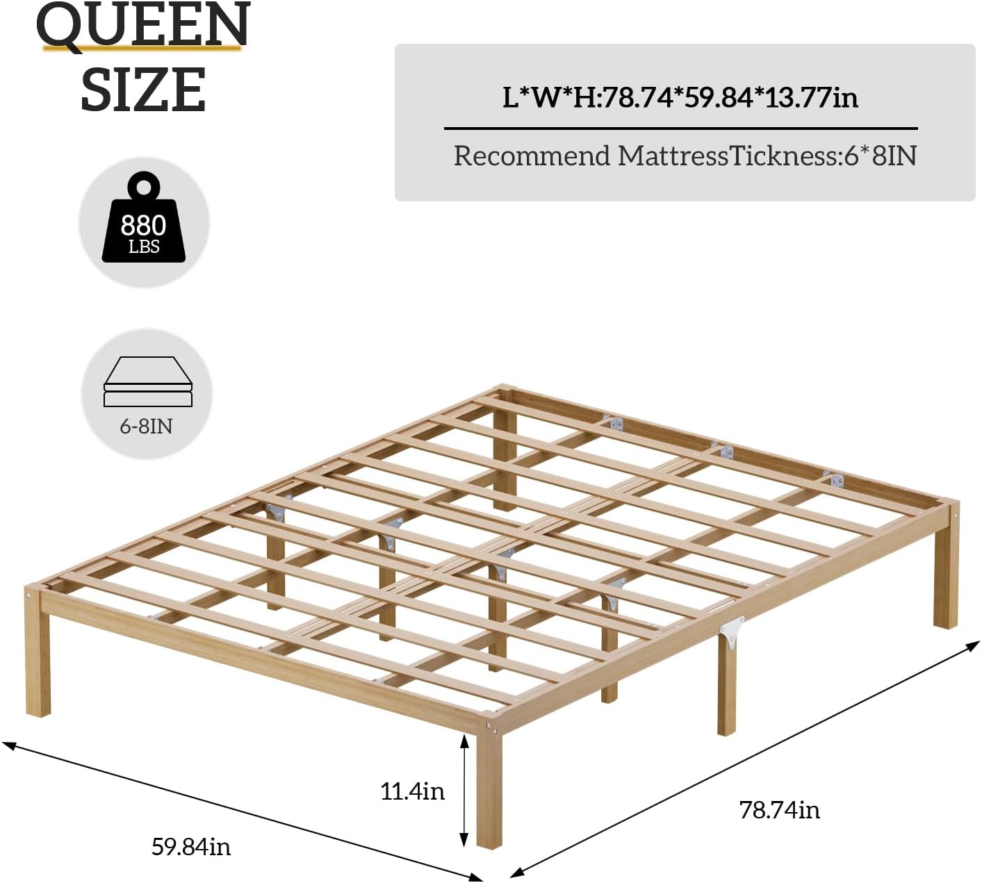 Natural Bamboo Queen Platform Bed Frame