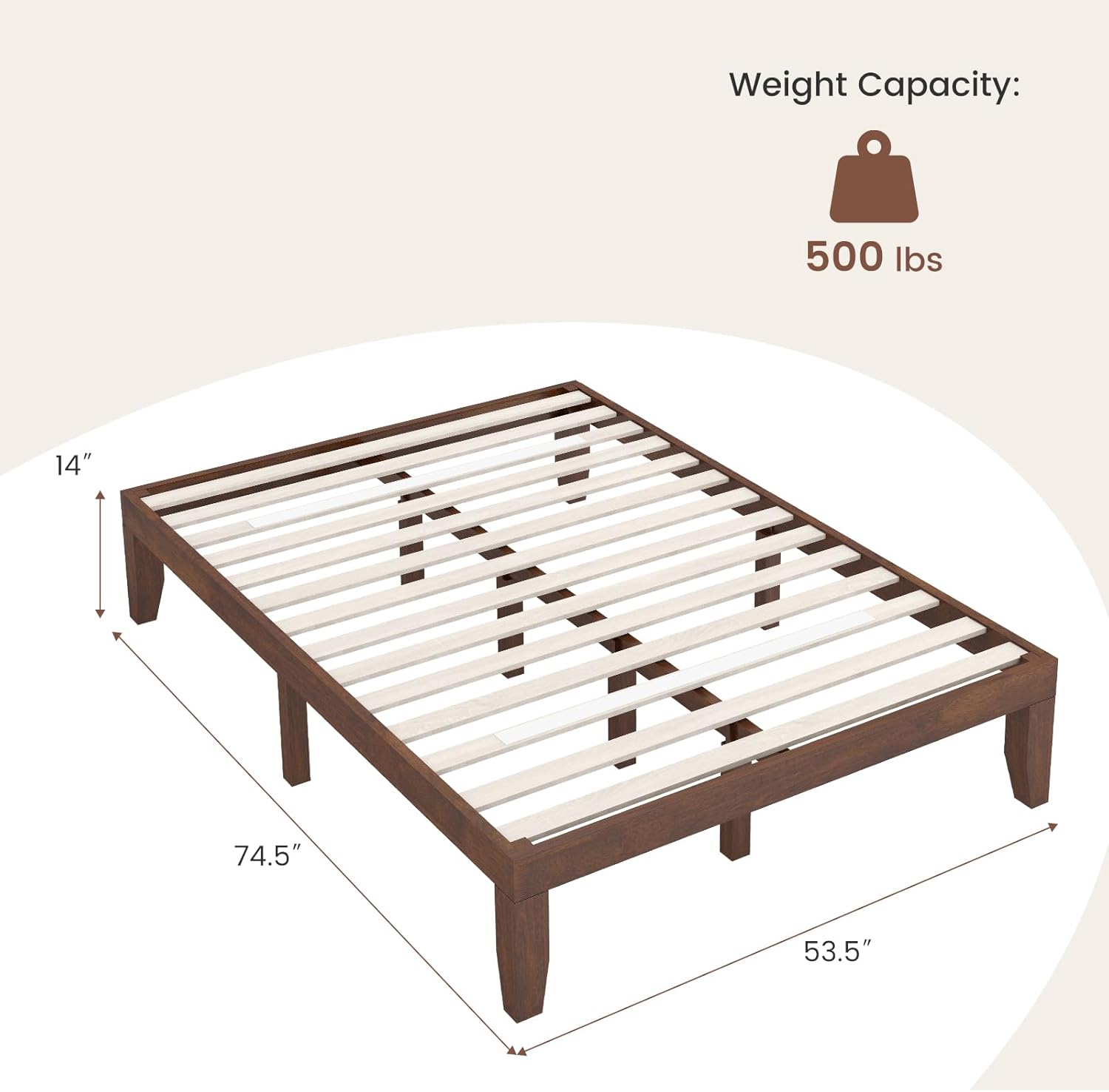 Walnut Rubber Wood Full Platform Bed Frame