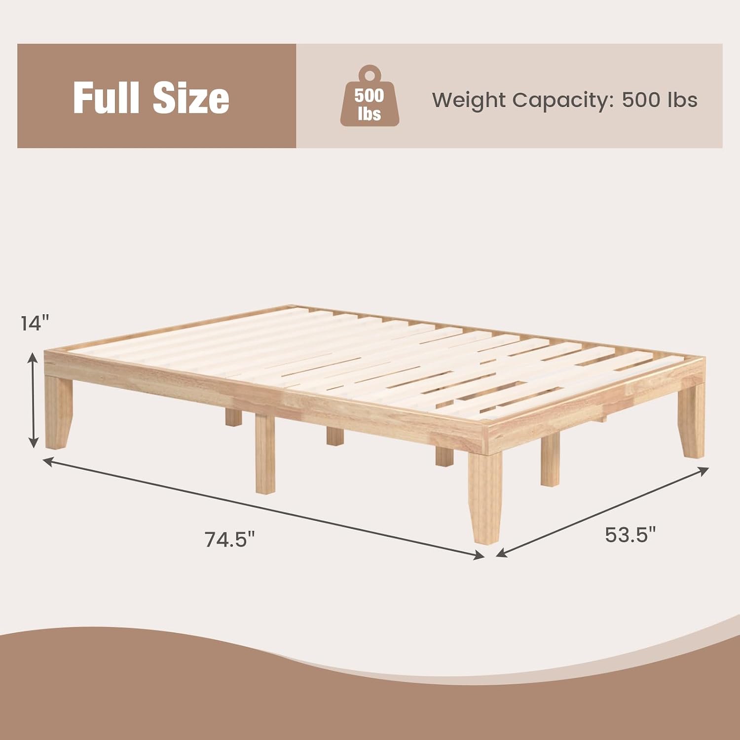 Natural Rubber Wood Full Platform Bed Frame