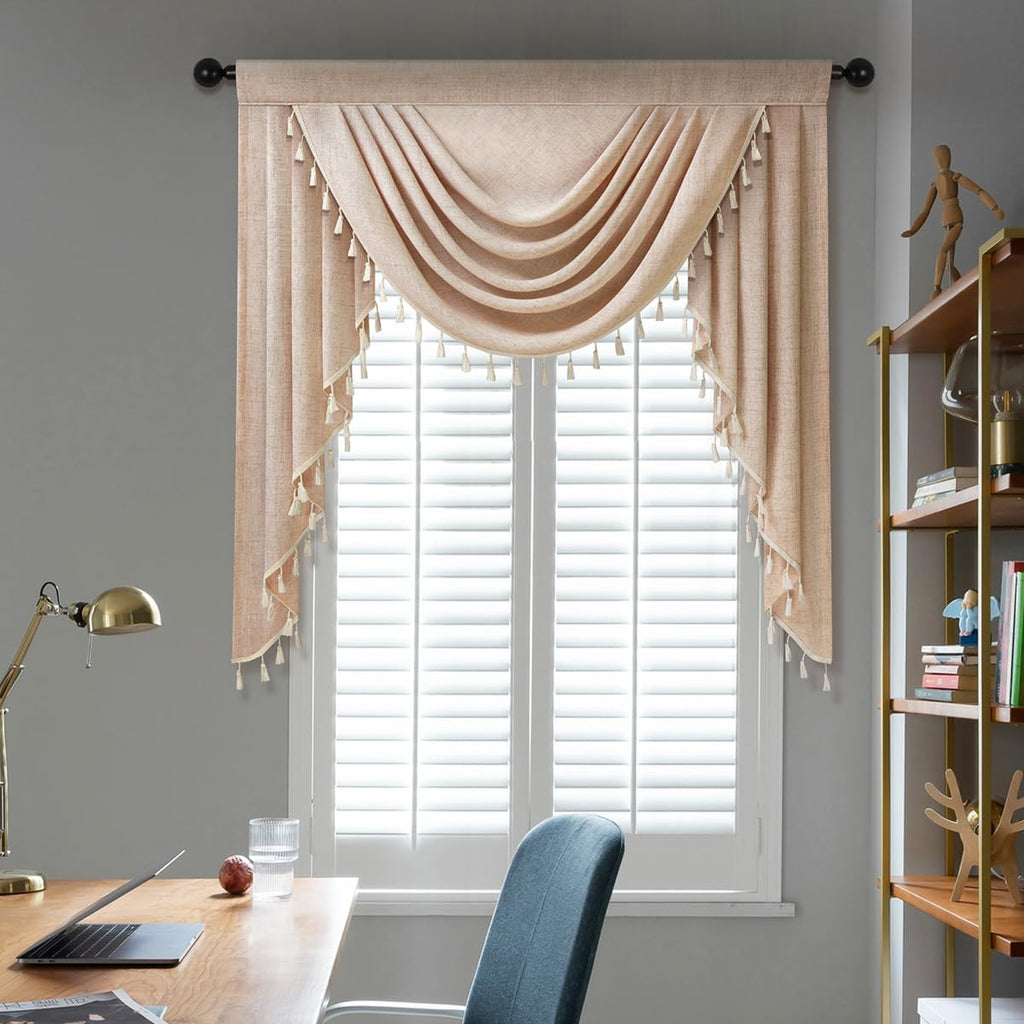 Light Coffee Faux Linen Tassel Window Valance