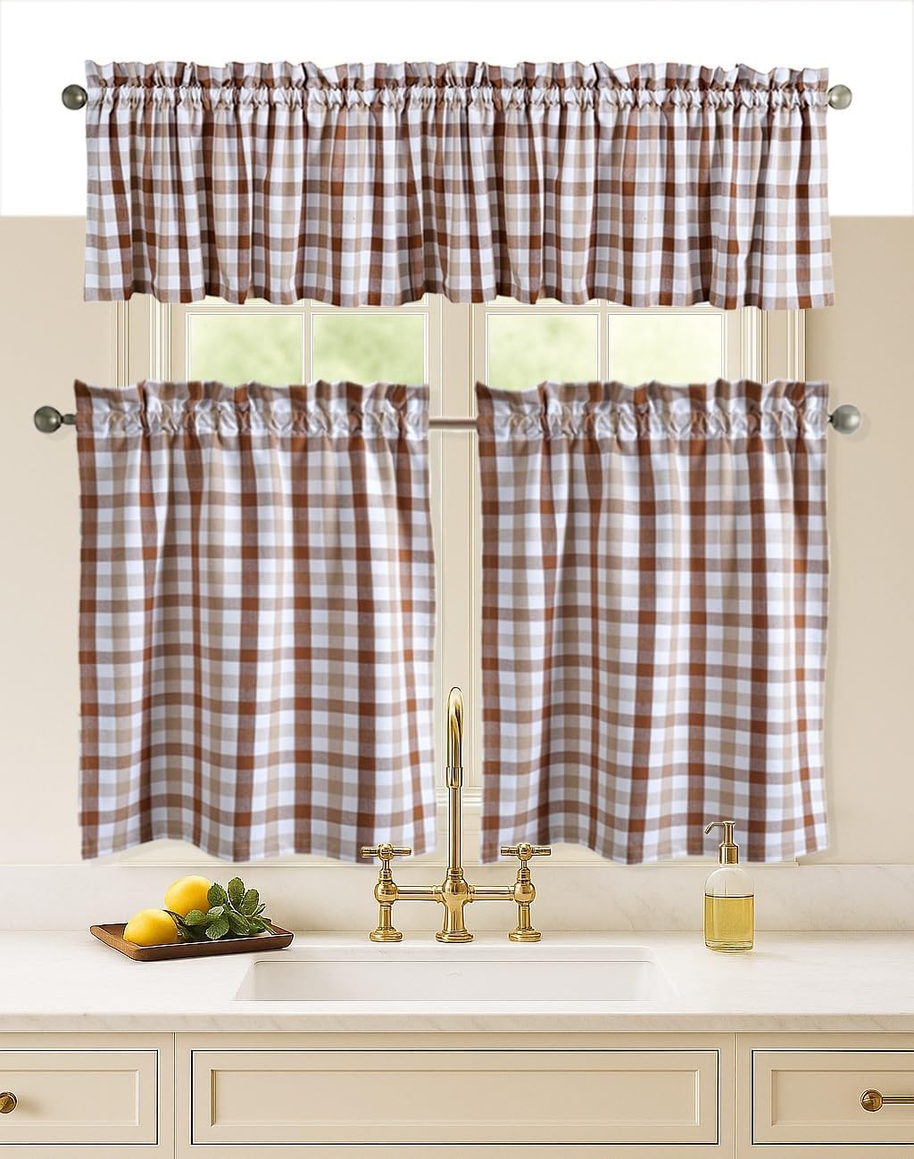 Farmhouse Brown Beige Gingham Curtain Set