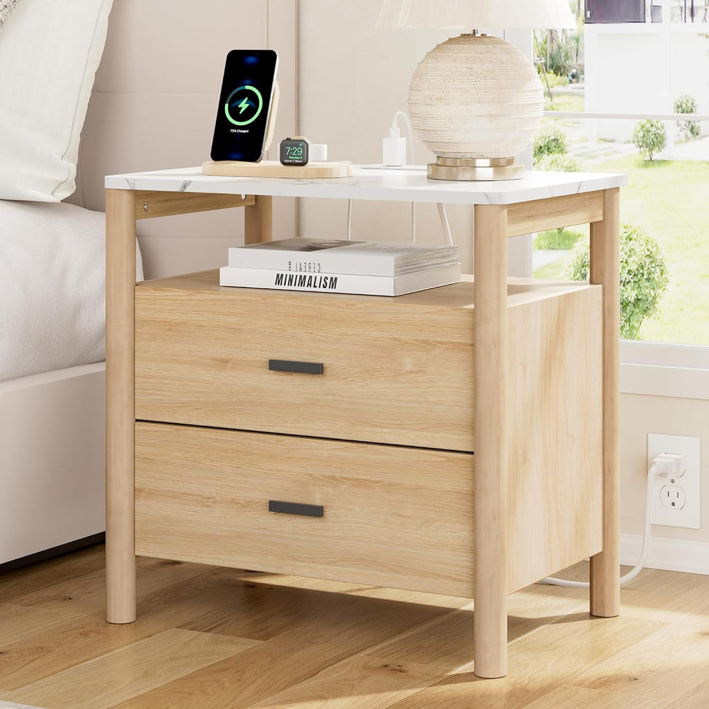Oak Marble Charging Nightstand Round Legs