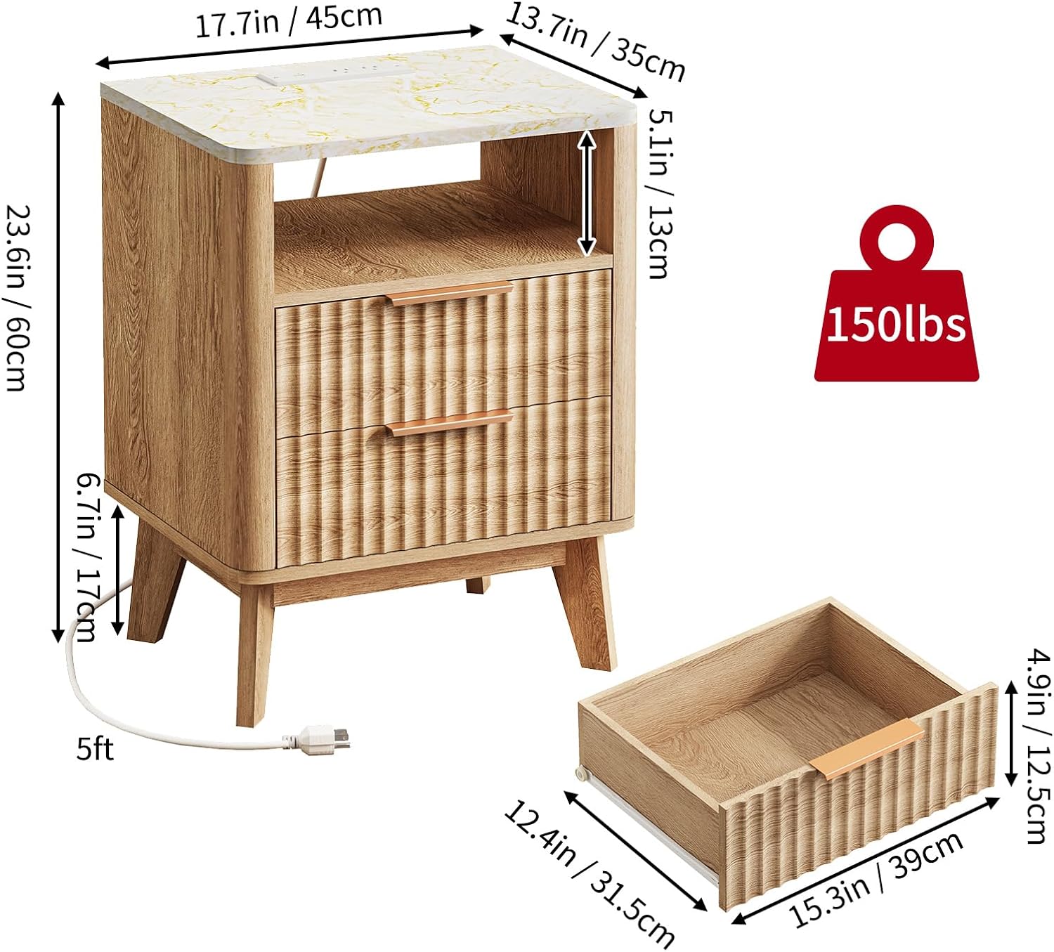 Oak Fluted Marble Charging Nightstand