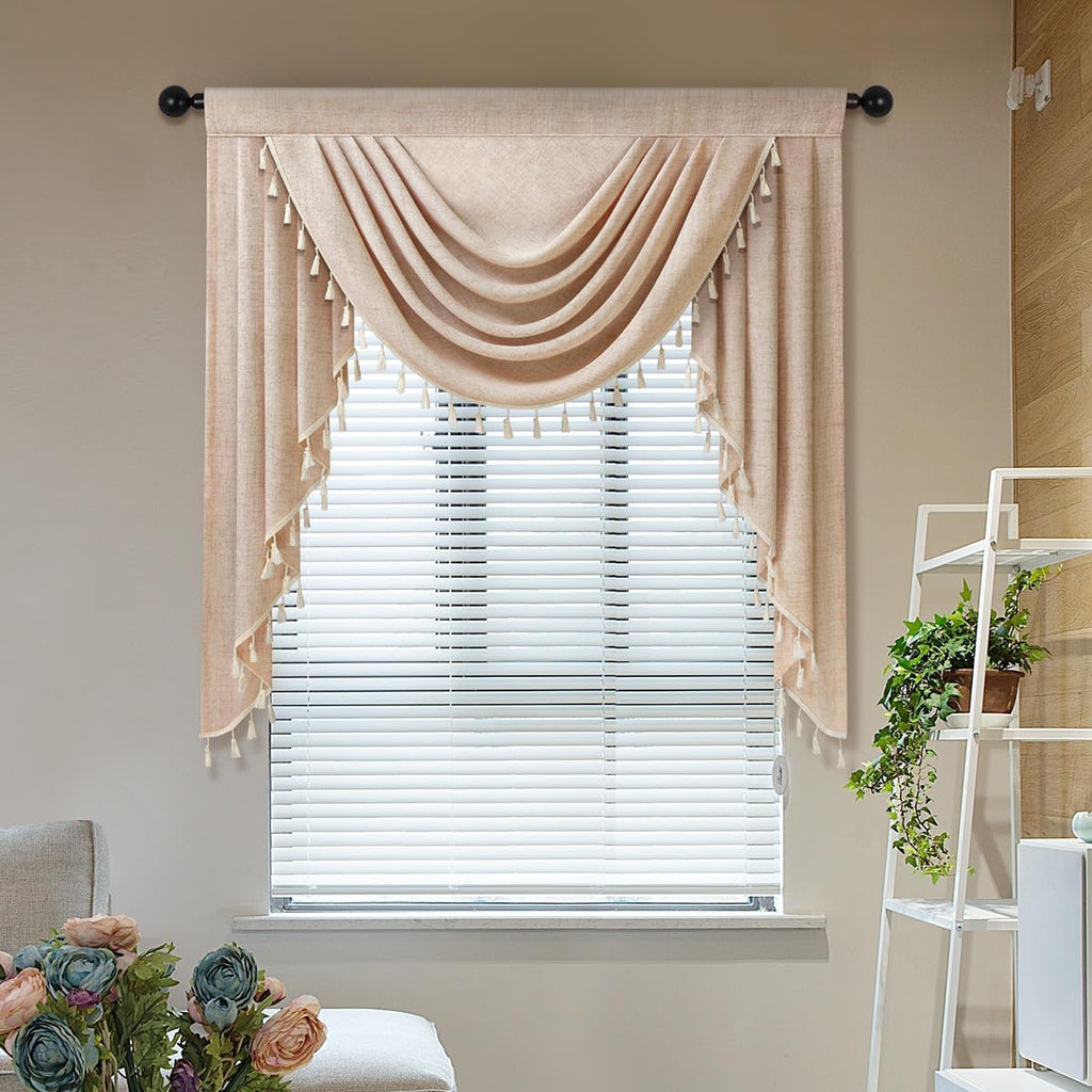Light Coffee Faux Linen Tassel Window Valance