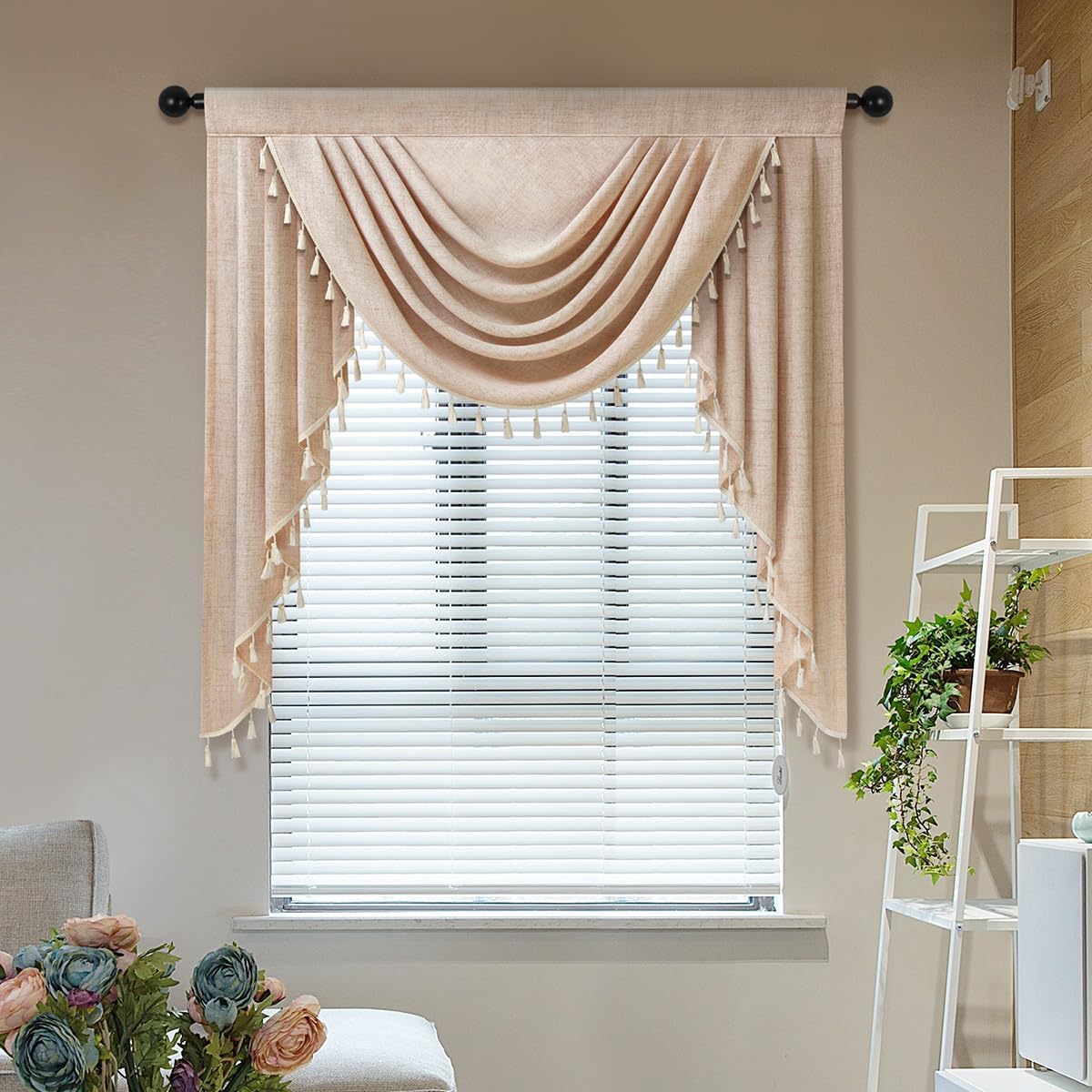 Light Coffee Faux Linen Tassel Window Valance