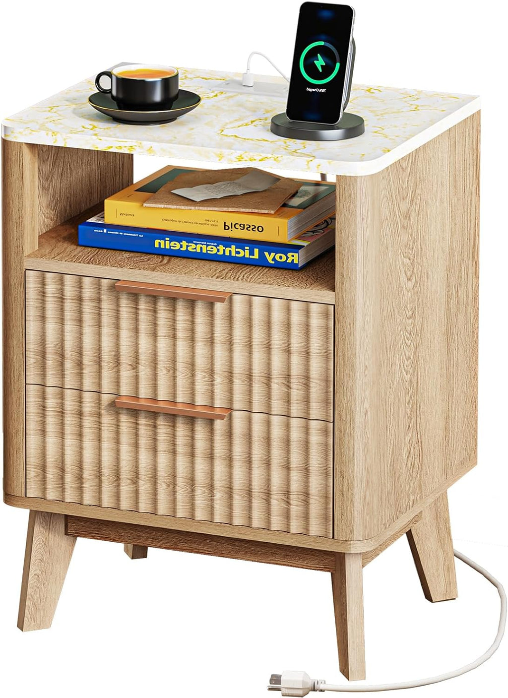 Oak Fluted Marble Charging Nightstand