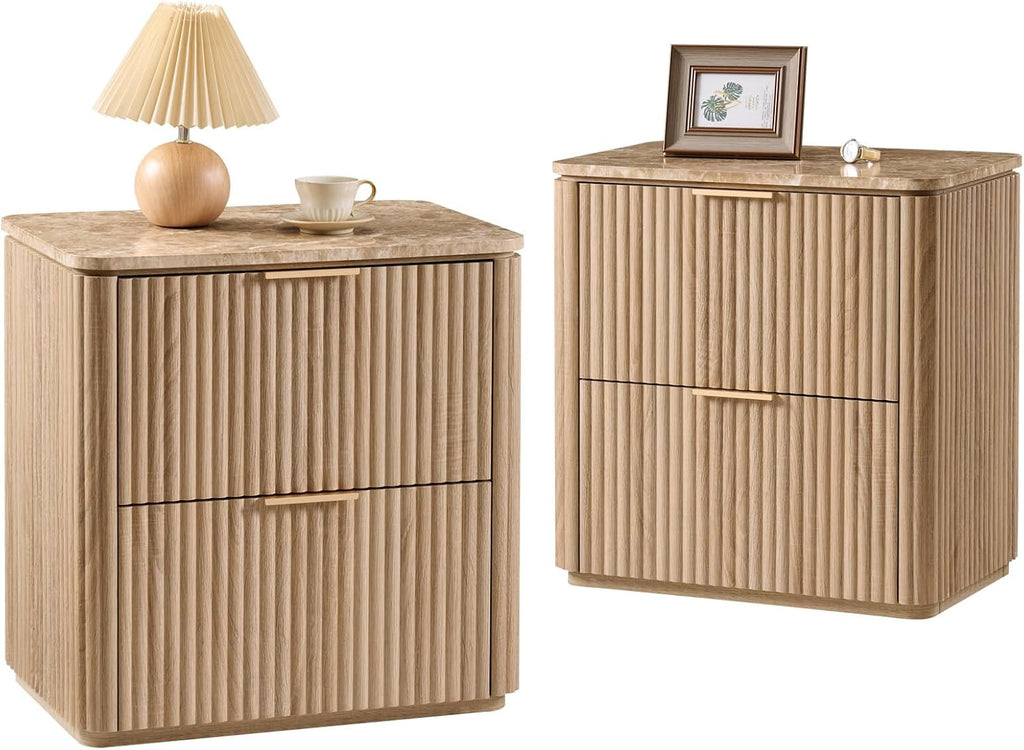 2 Oak Fluted Marble Nightstands