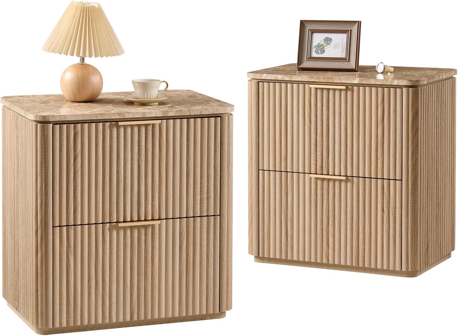 2 Oak Fluted Marble Nightstands