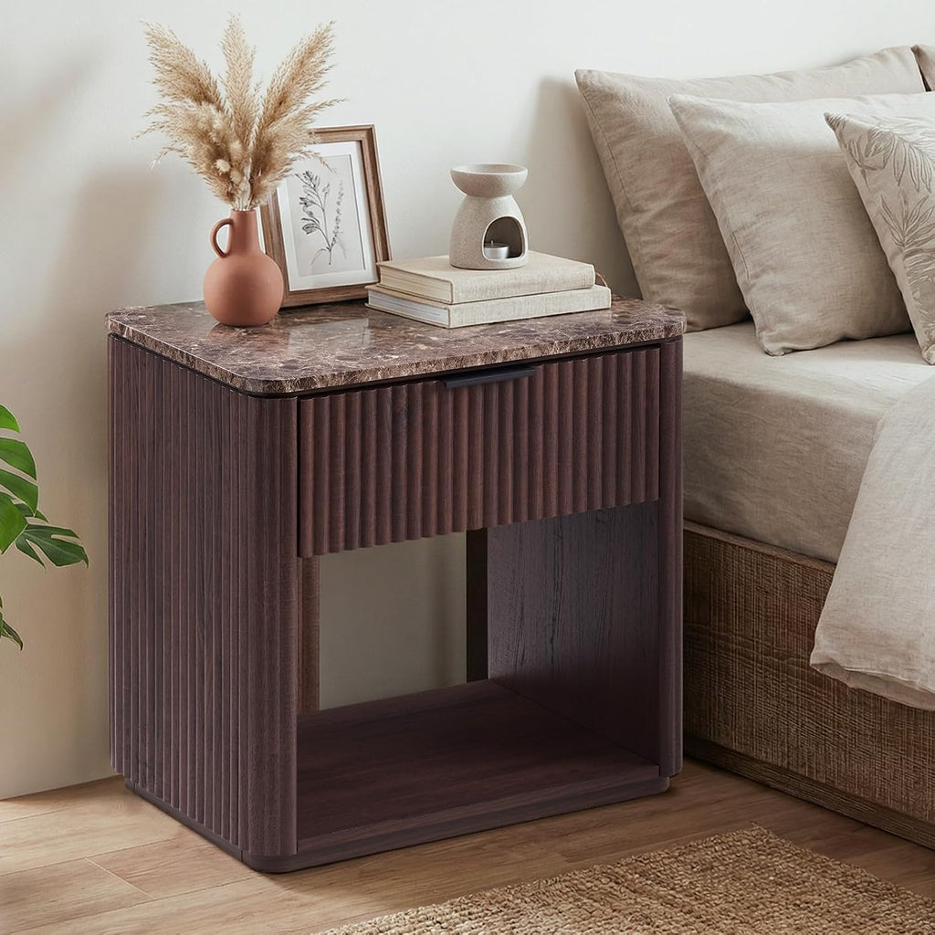 2 Dark Oak Fluted Marble Nightstands