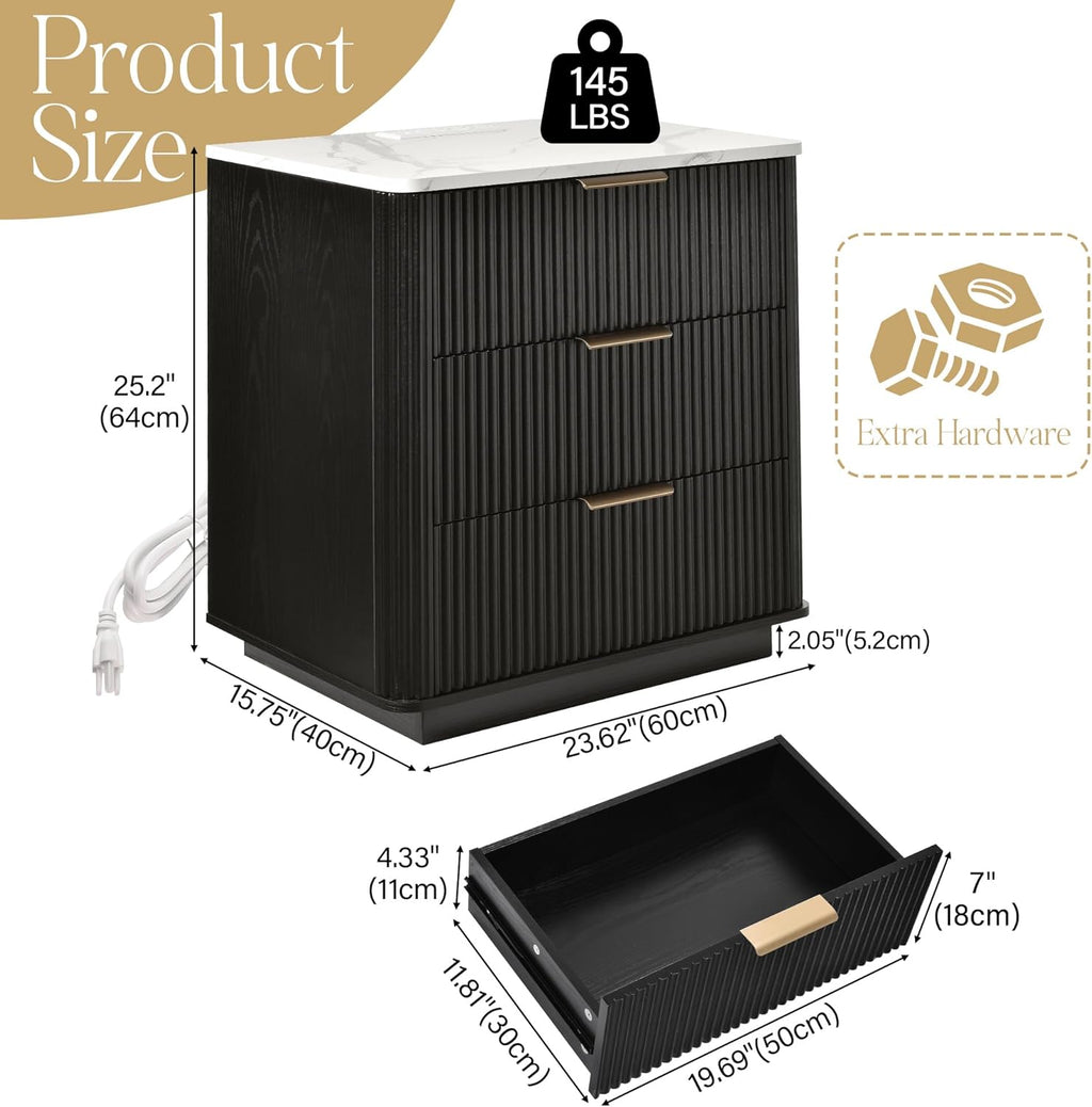 Black Fluted Marble Charging Nightstand
