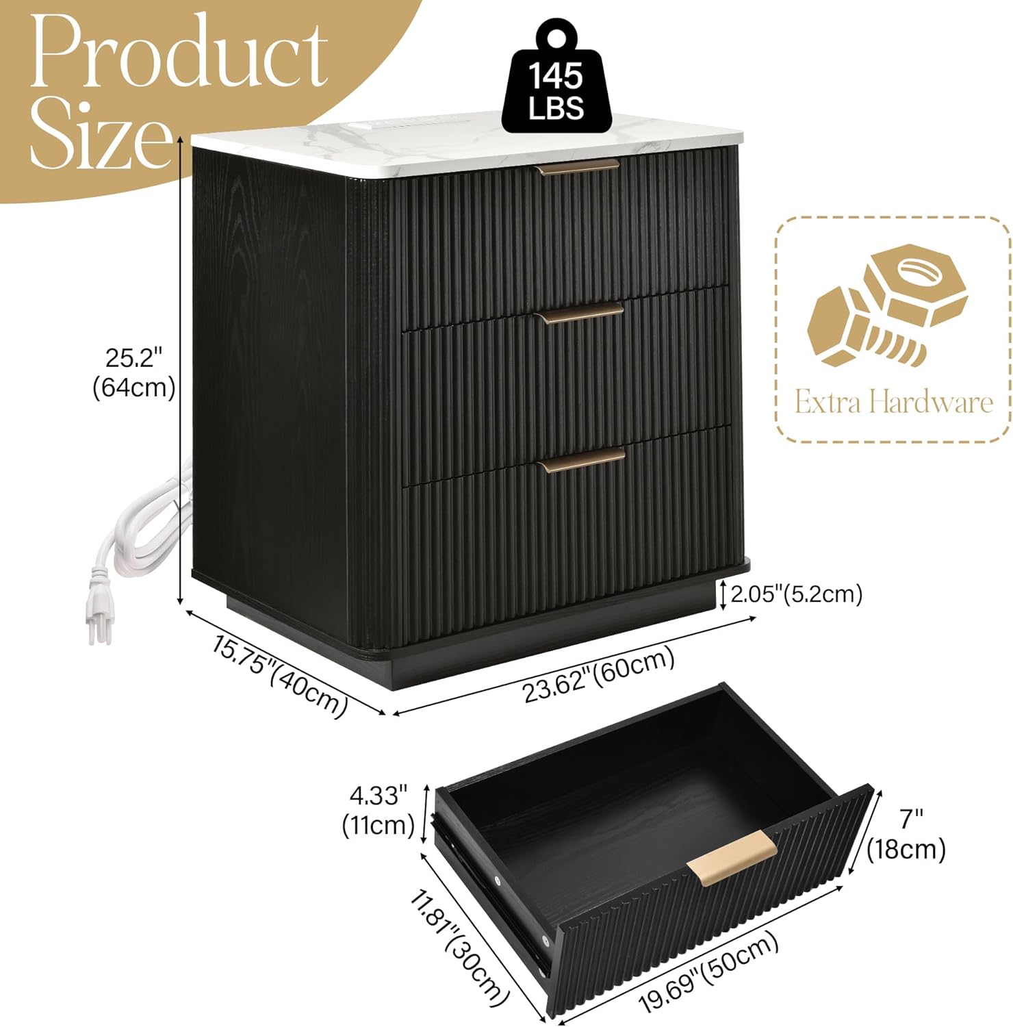 Black Fluted Marble Charging Nightstand
