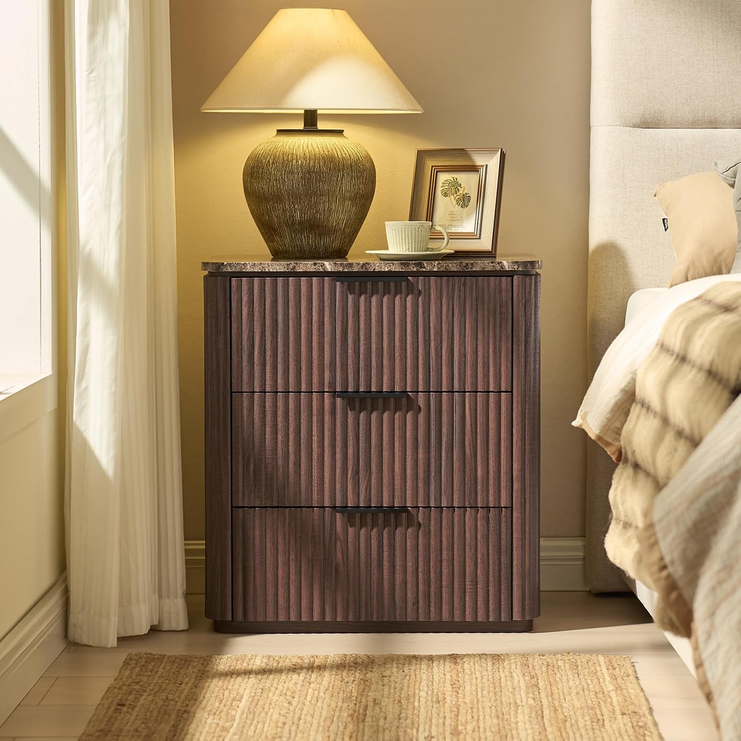 Dark Oak Fluted Marble Nightstand