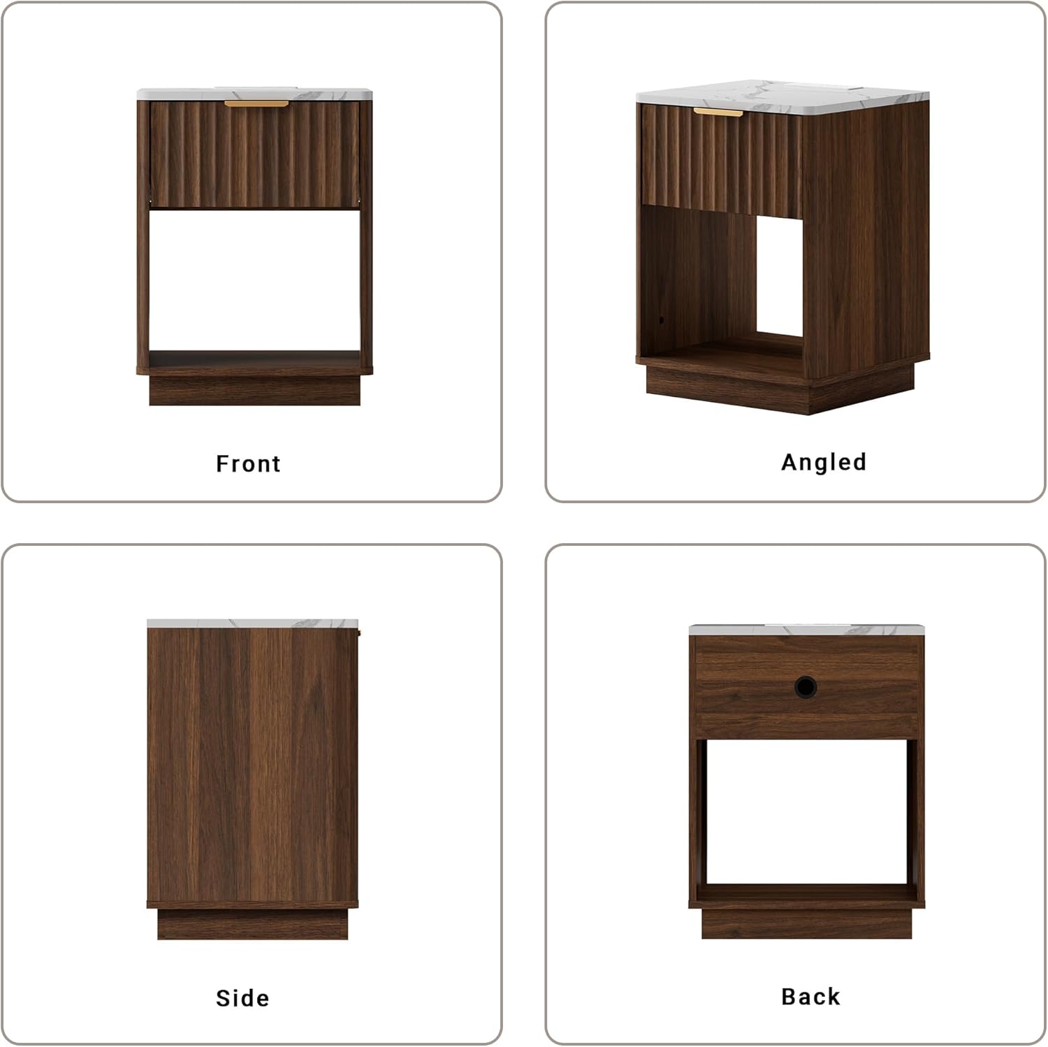 2 Walnut Fluted Marble Nightstands