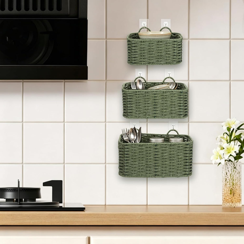 3 Boho Paper Rope Woven Storage Baskets