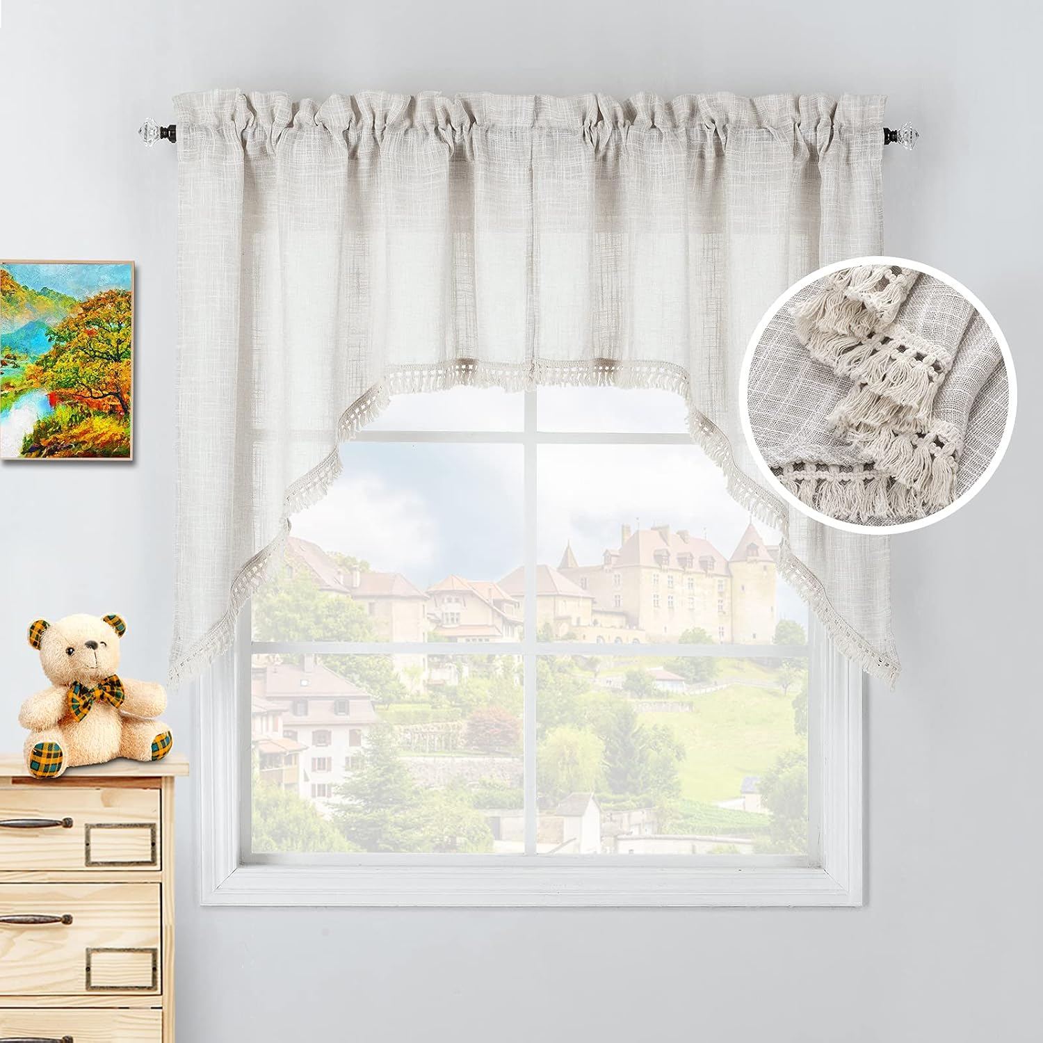 Natural Linen Tassel Farmhouse Window Swags