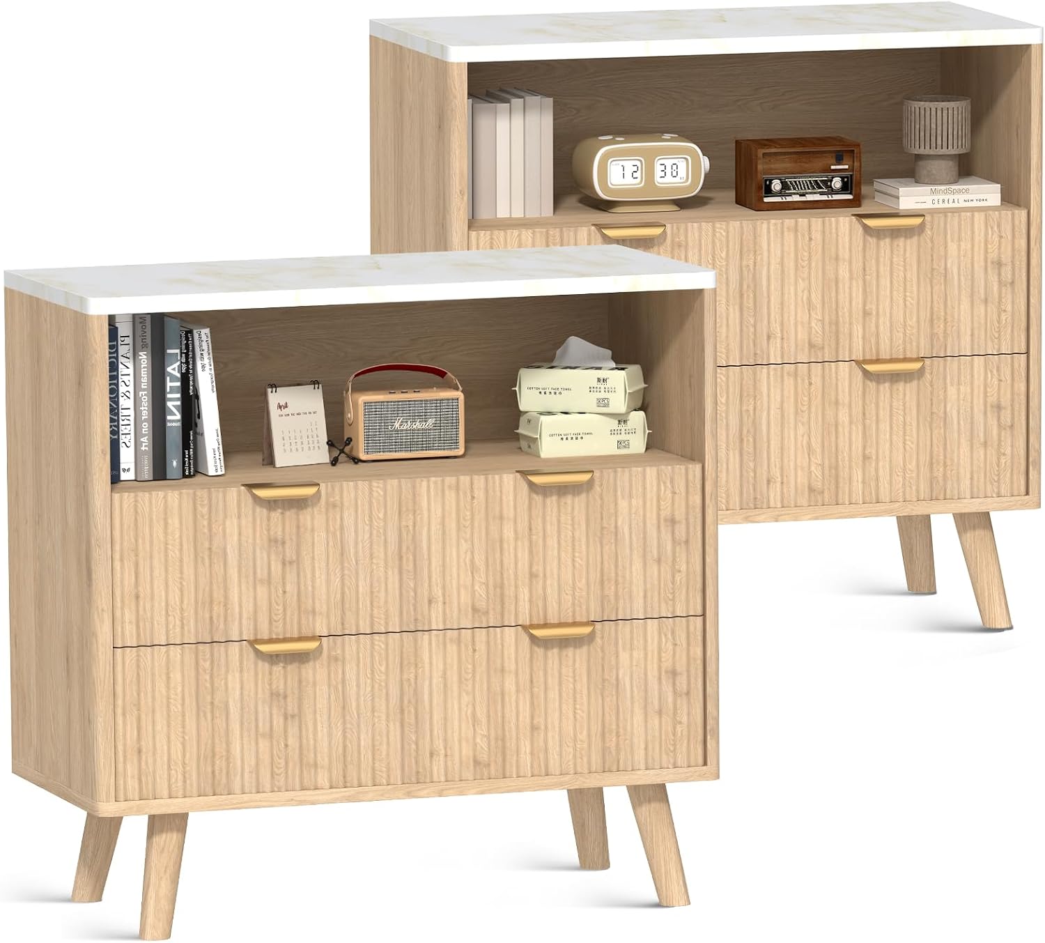 2 Oak Fluted Faux Marble Nightstands