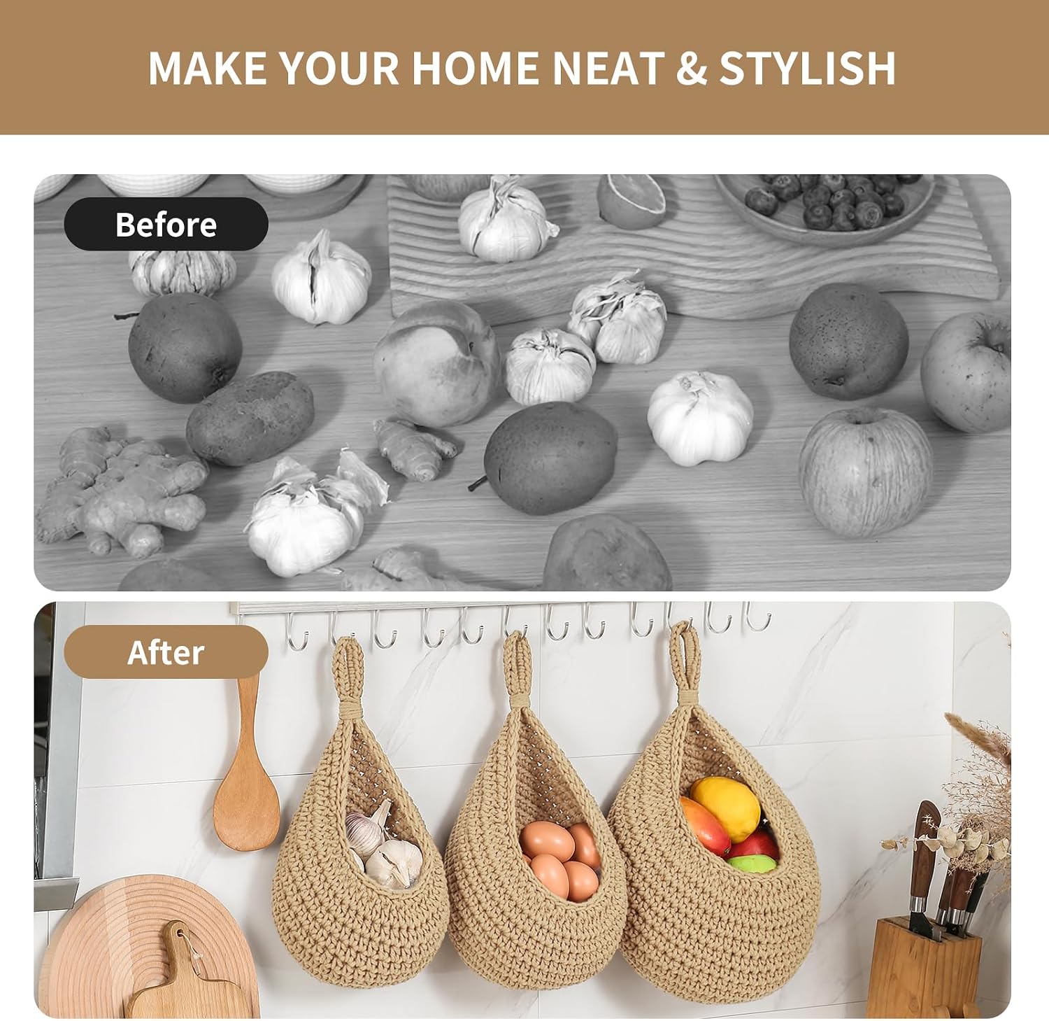 3 Linen Boho Wall Fruit Baskets