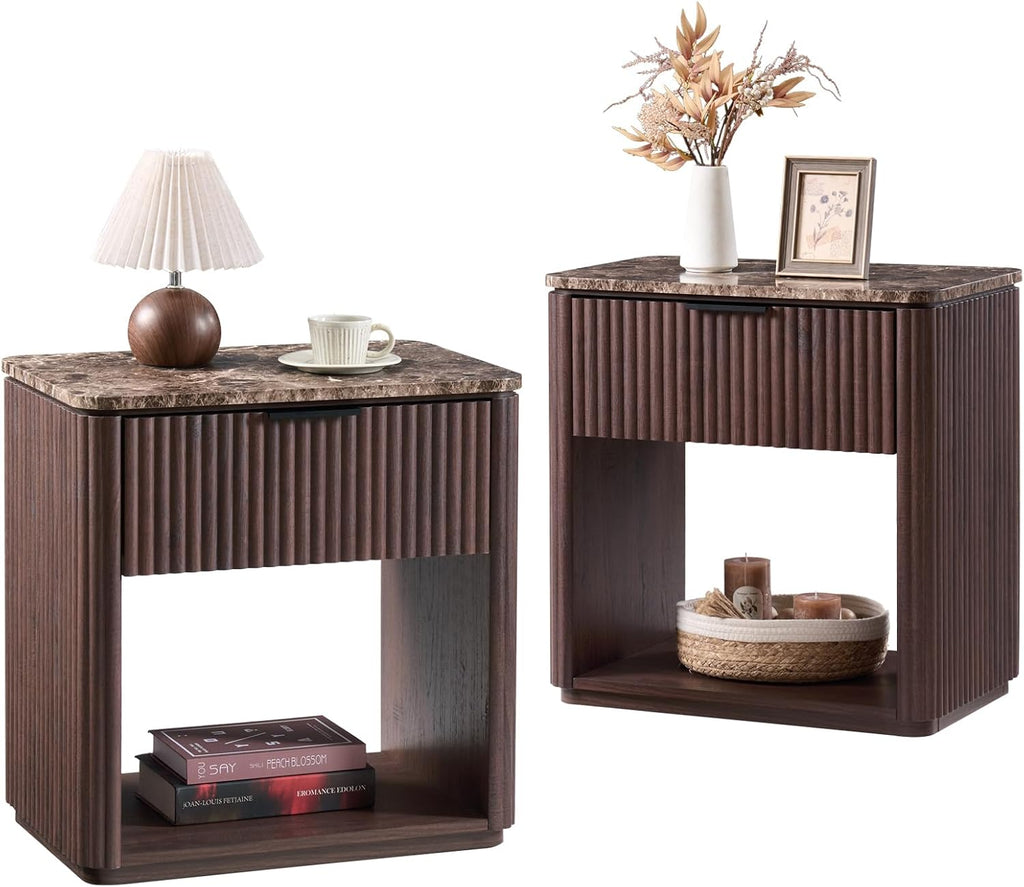 2 Dark Oak Fluted Marble Nightstands