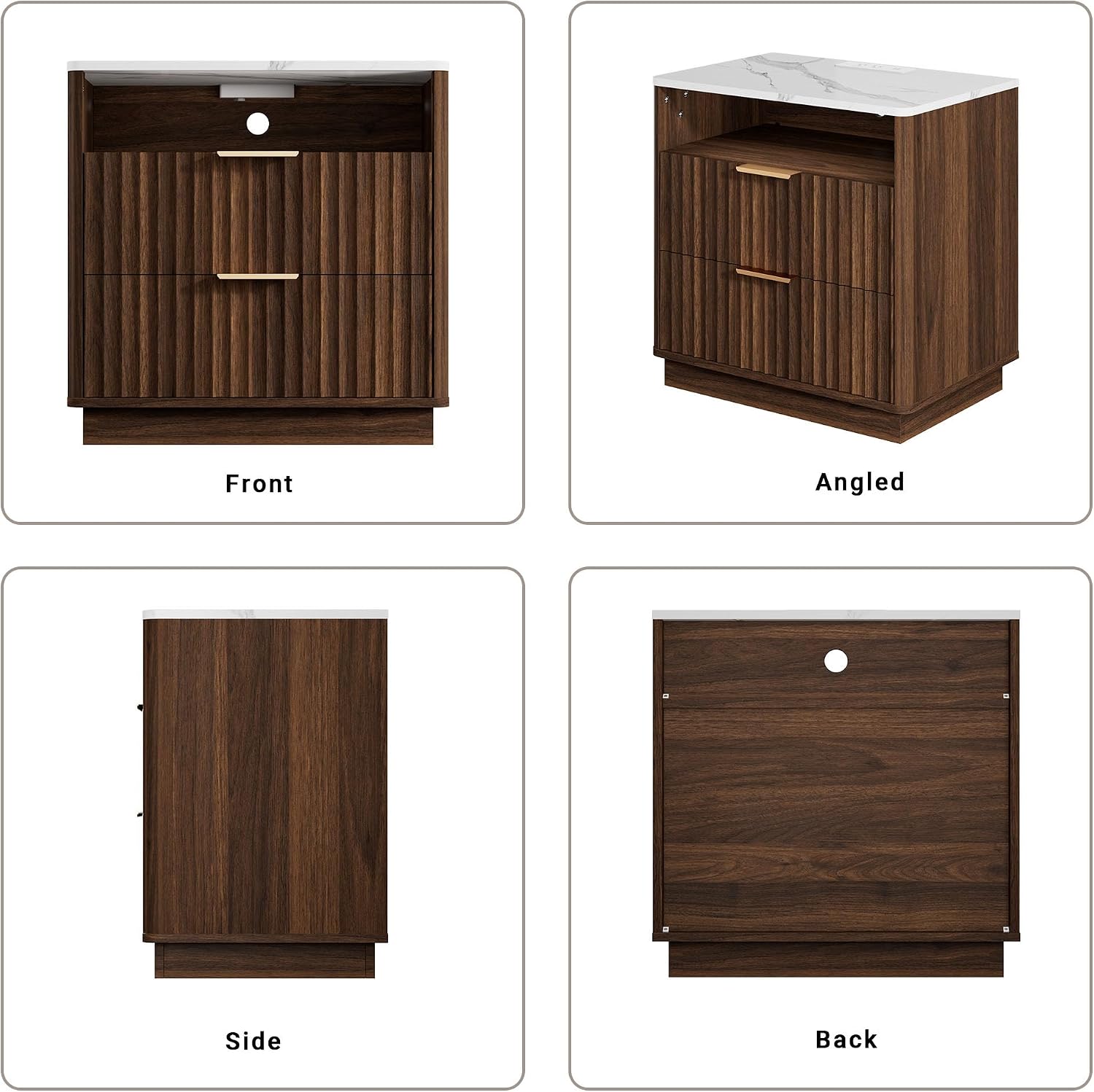 Fluted Nightstand Faux Marble Charging Station