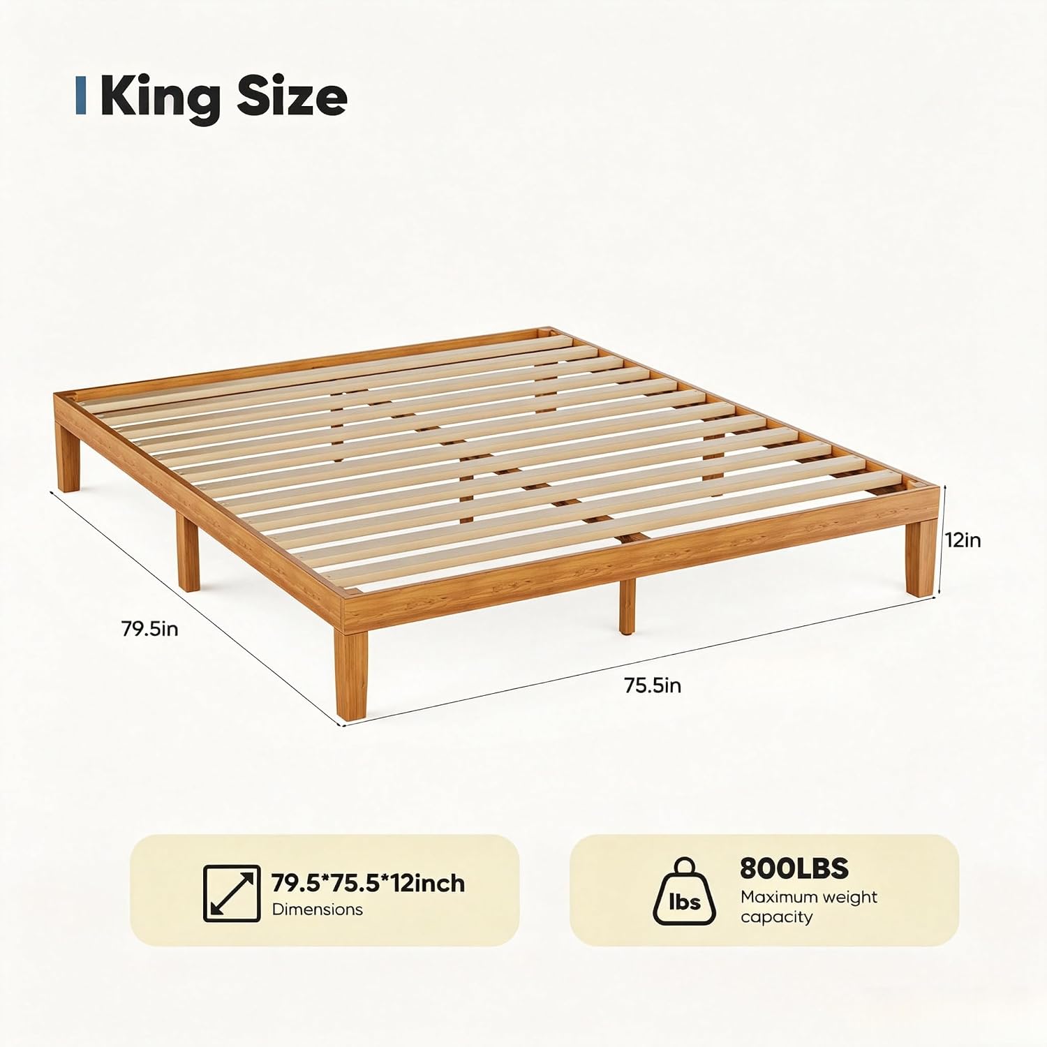 Solid Wood King Platform Bed Frame 12 Inch