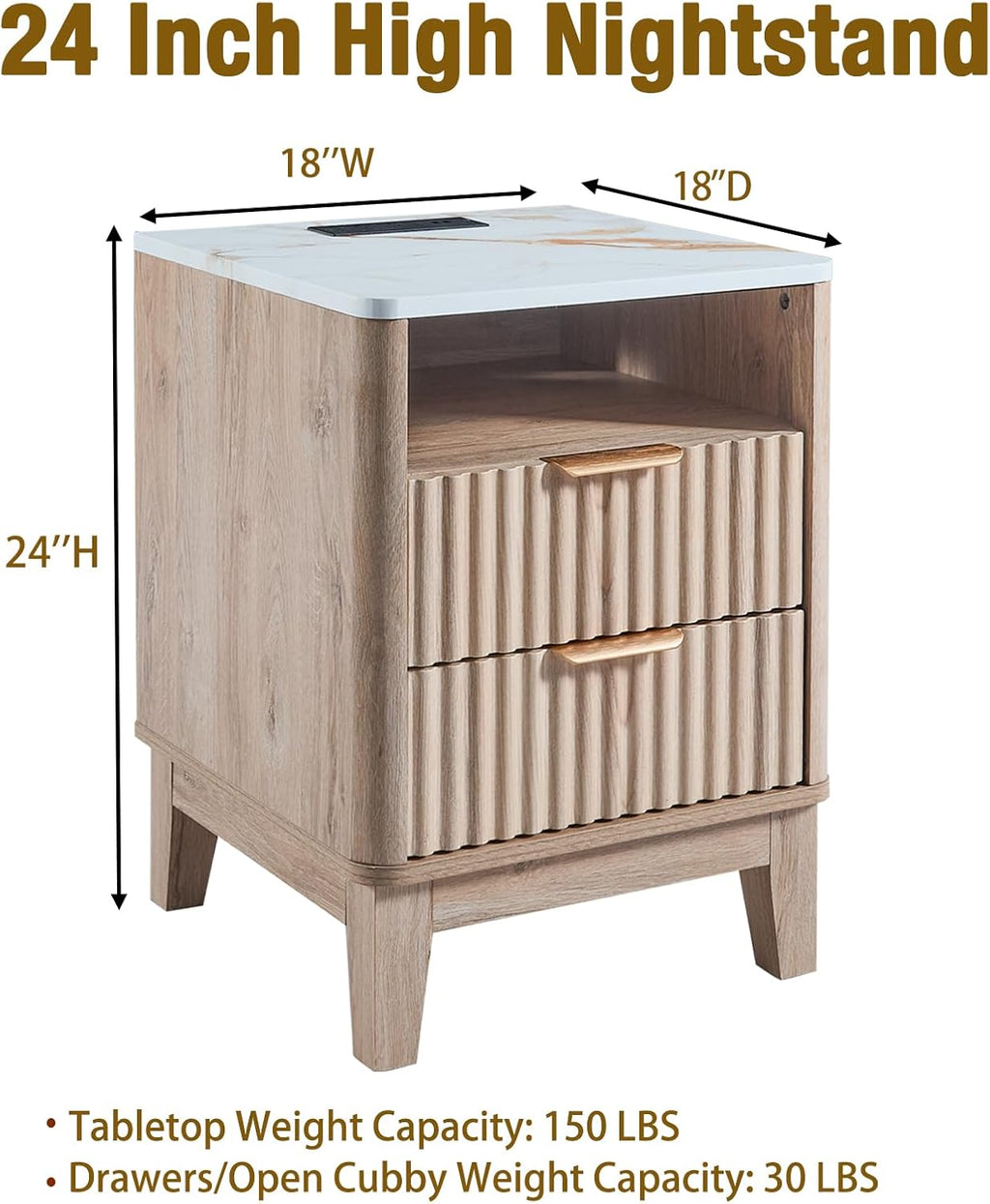 Oak Fluted Faux Marble Nightstand