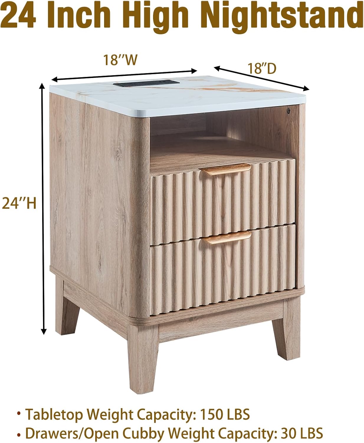 Oak Fluted Faux Marble Nightstand