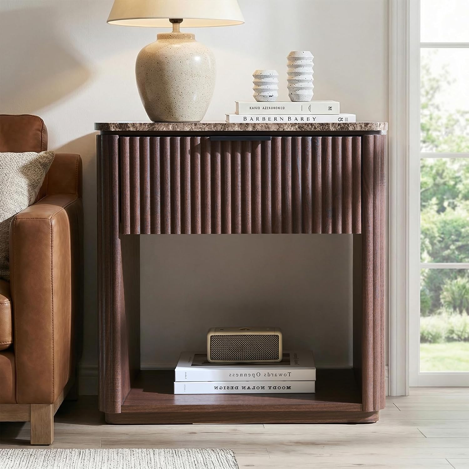 2 Dark Oak Fluted Marble Nightstands