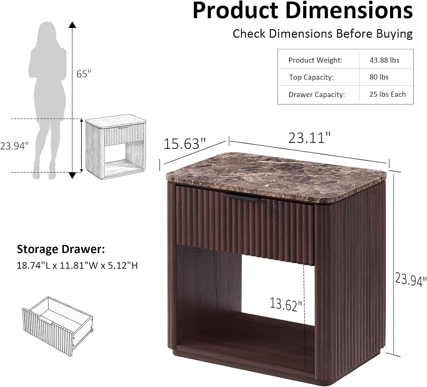 2 Dark Oak Fluted Marble Nightstands