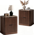 2 Walnut Fluted Marble Nightstands