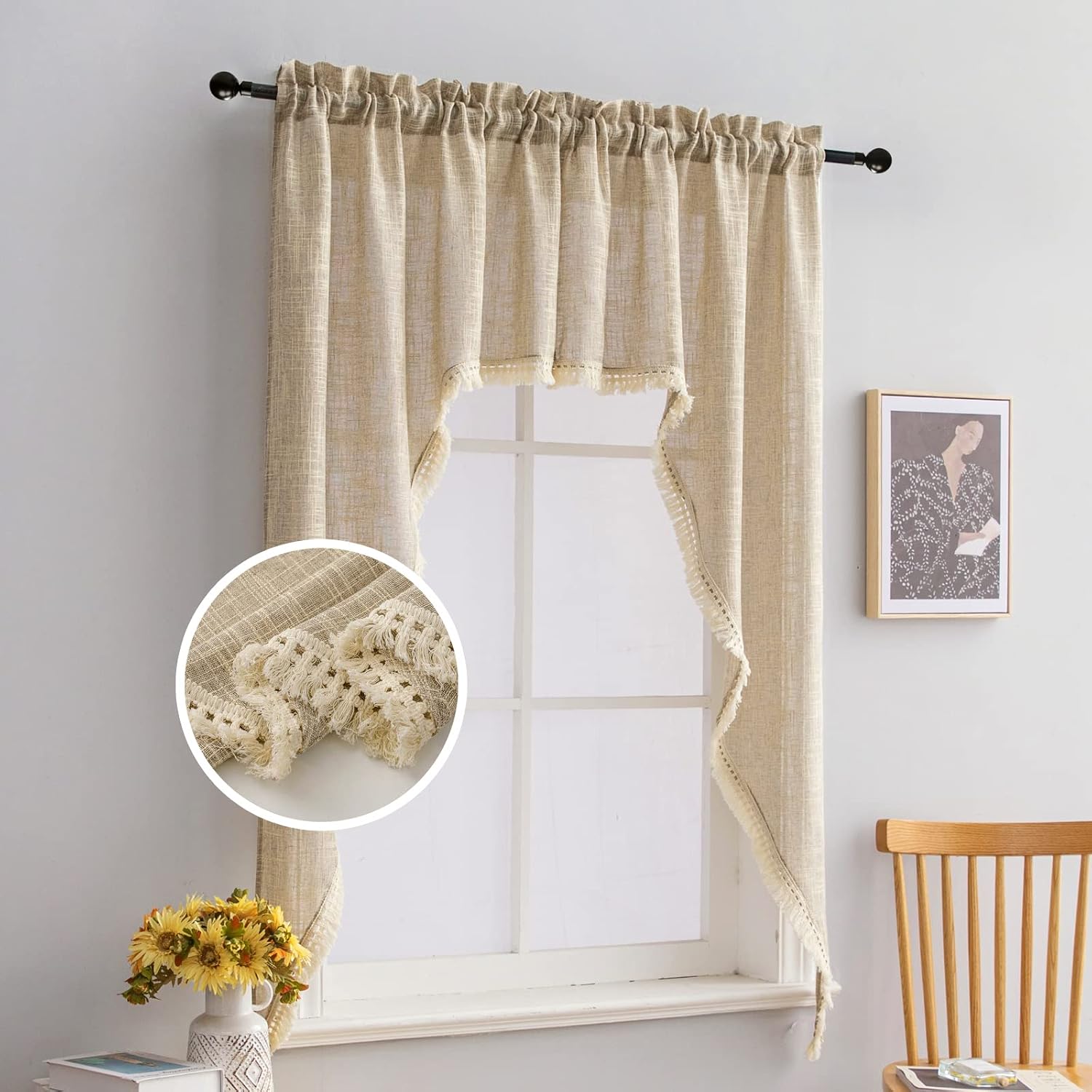 Taupe Linen Tassel Farmhouse Window Swags