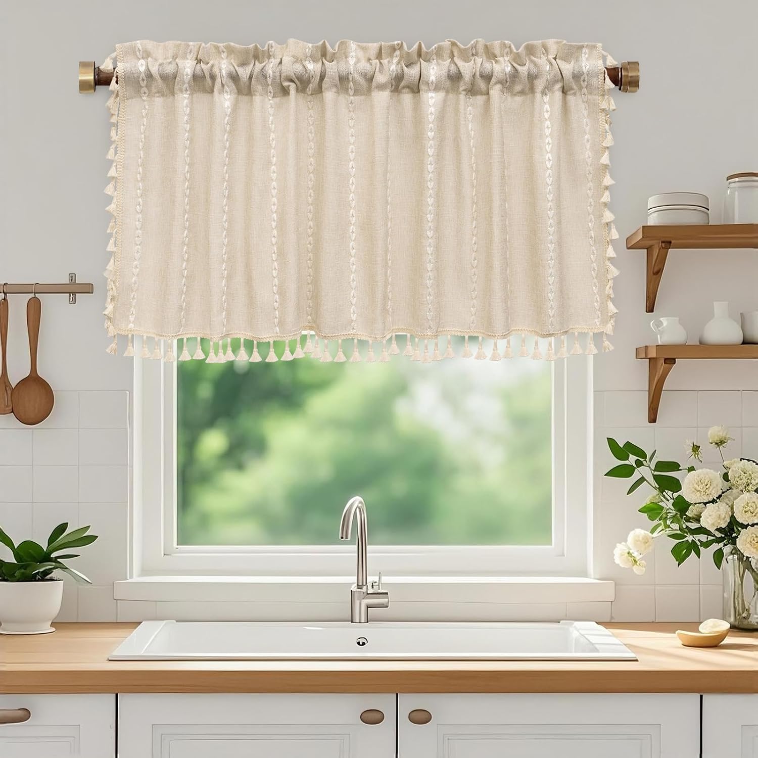 Boho Linen Tassel Beige Window Valance