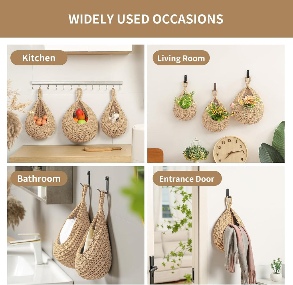3 Linen Boho Wall Fruit Baskets