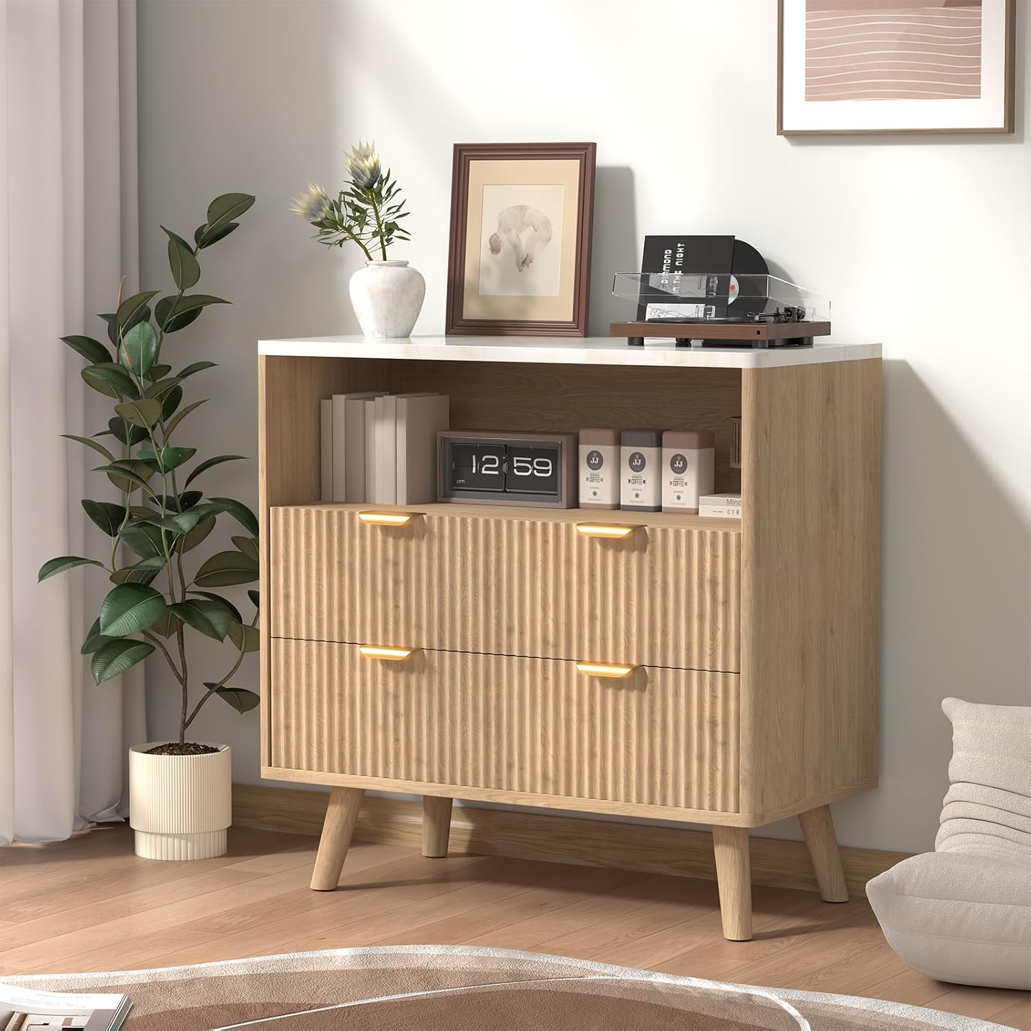 2 Oak Fluted Faux Marble Nightstands