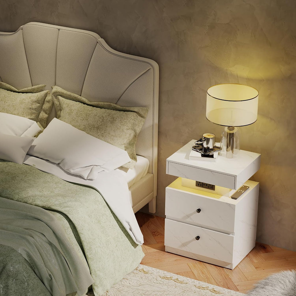 White Marble LED Charging Nightstand