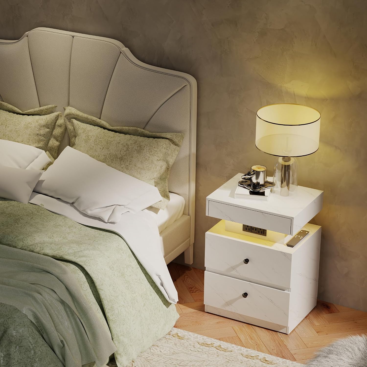 White Marble LED Charging Nightstand