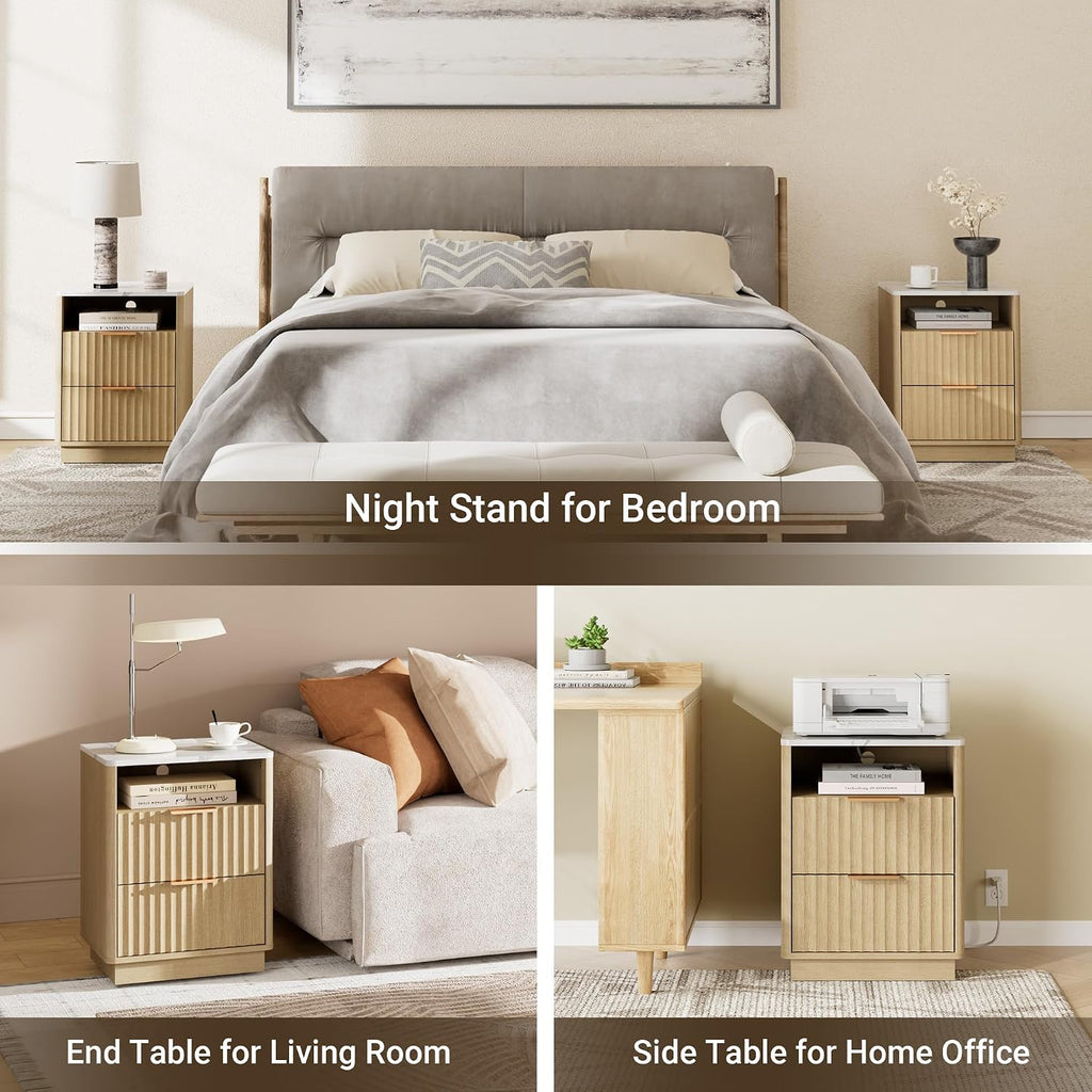 Oak Fluted Marble Charging Nightstand