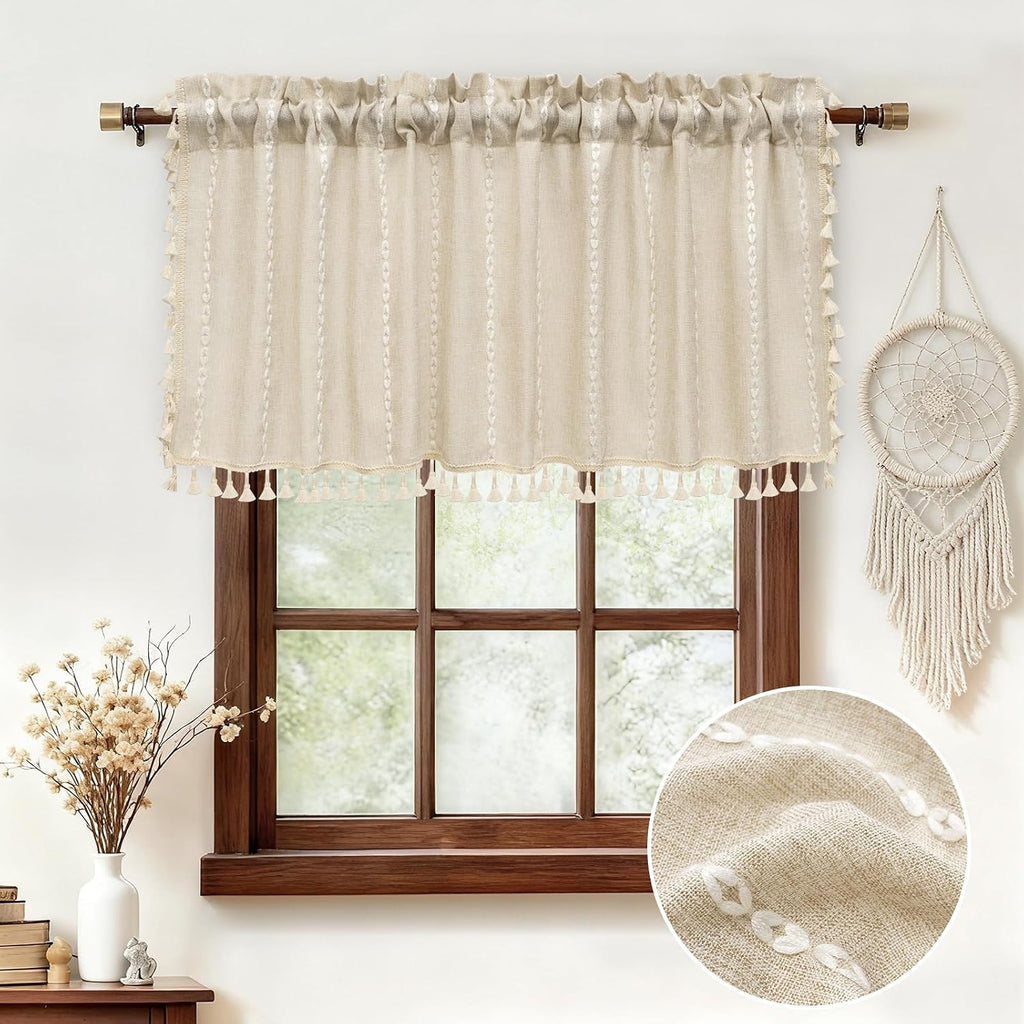 Boho Linen Tassel Beige Window Valance