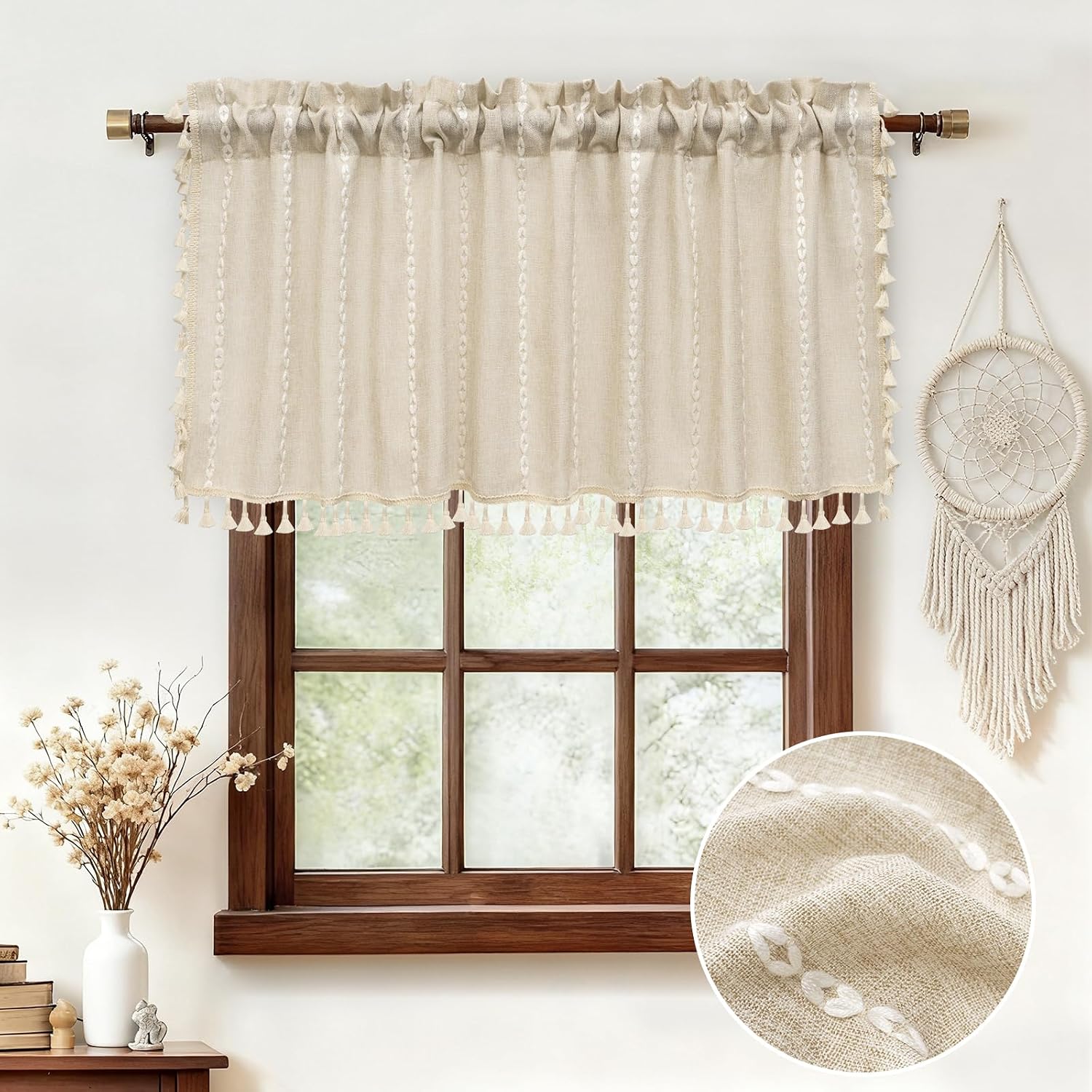 Boho Linen Tassel Beige Window Valance