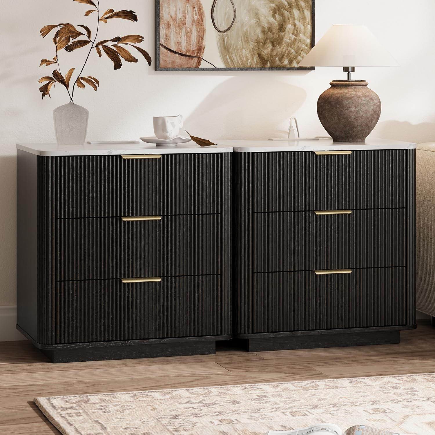 Black Fluted Marble Charging Nightstand