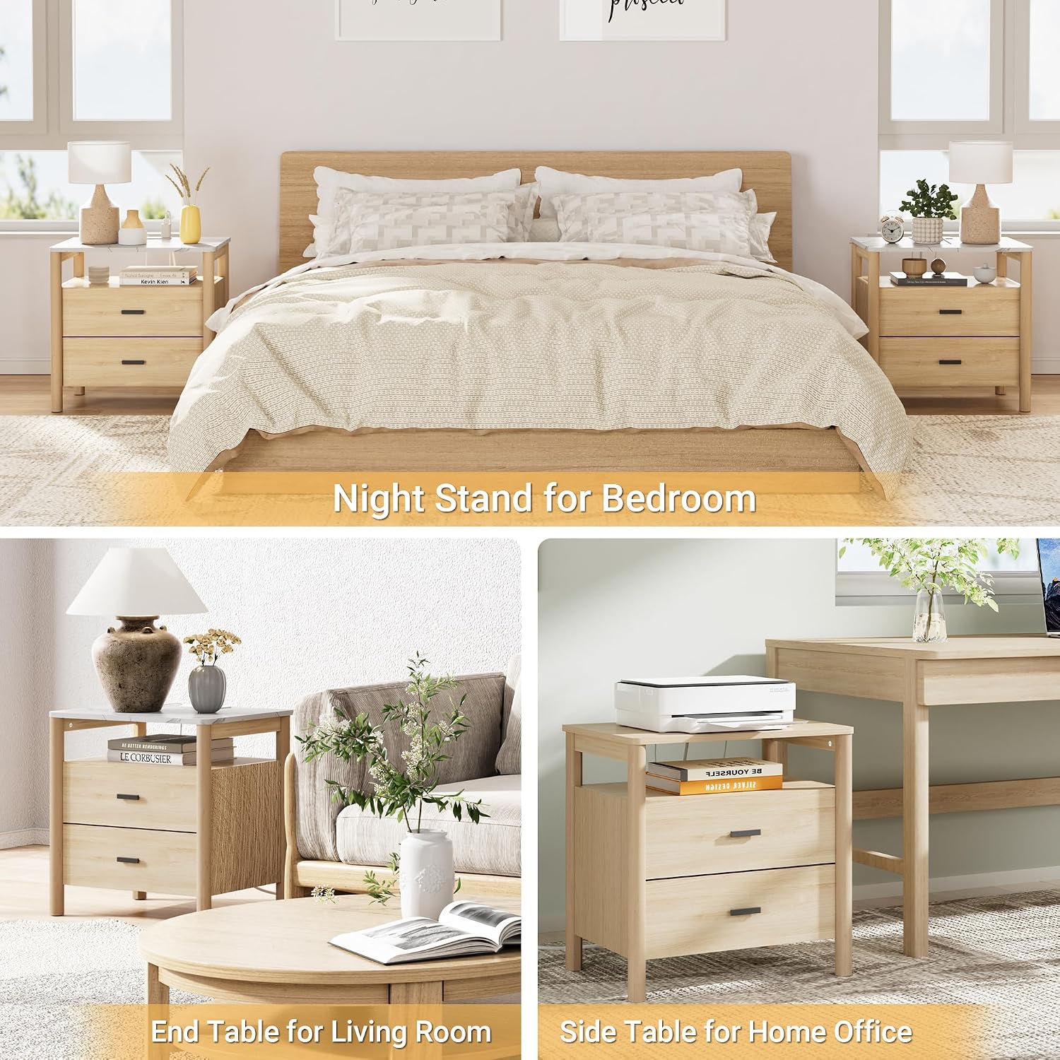 Oak Marble Charging Nightstand Round Legs