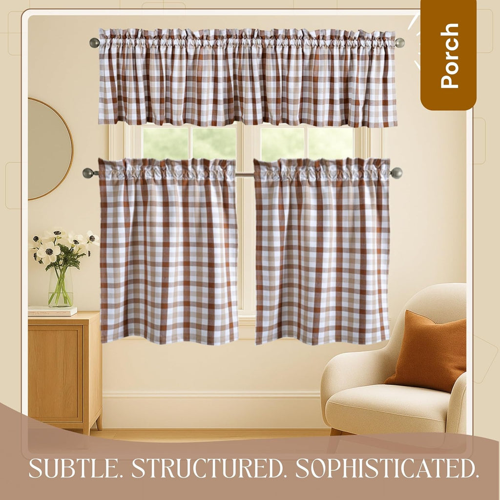 Farmhouse Brown Beige Gingham Curtain Set