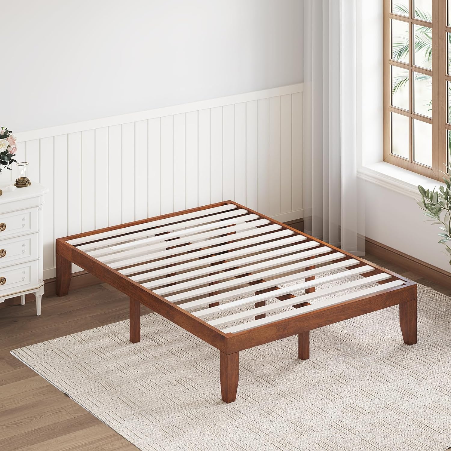 Walnut Rubber Wood Full Platform Bed Frame