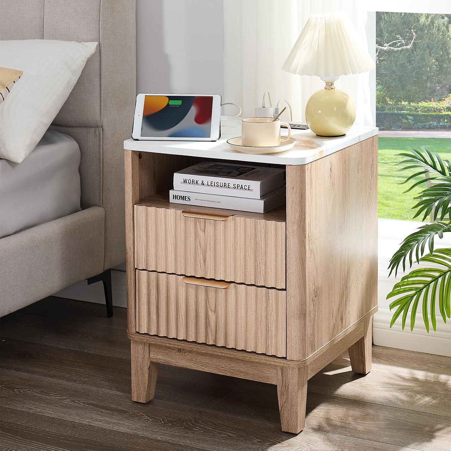Oak Fluted Faux Marble Nightstand