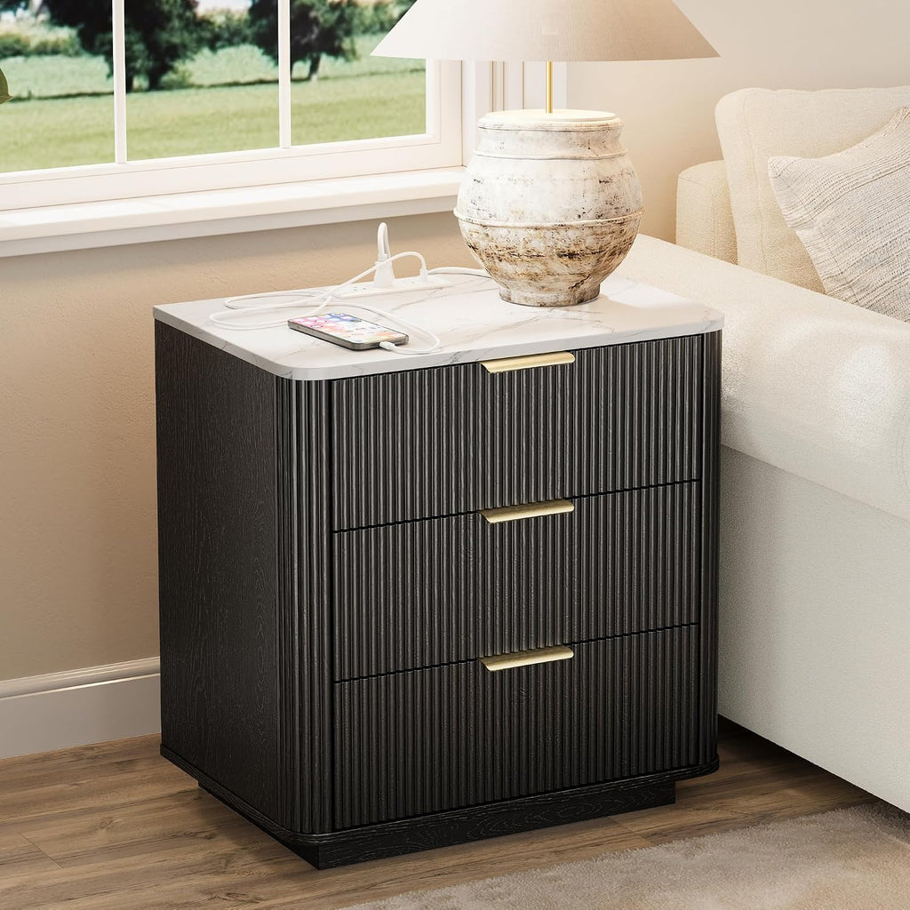 Black Fluted Marble Charging Nightstand