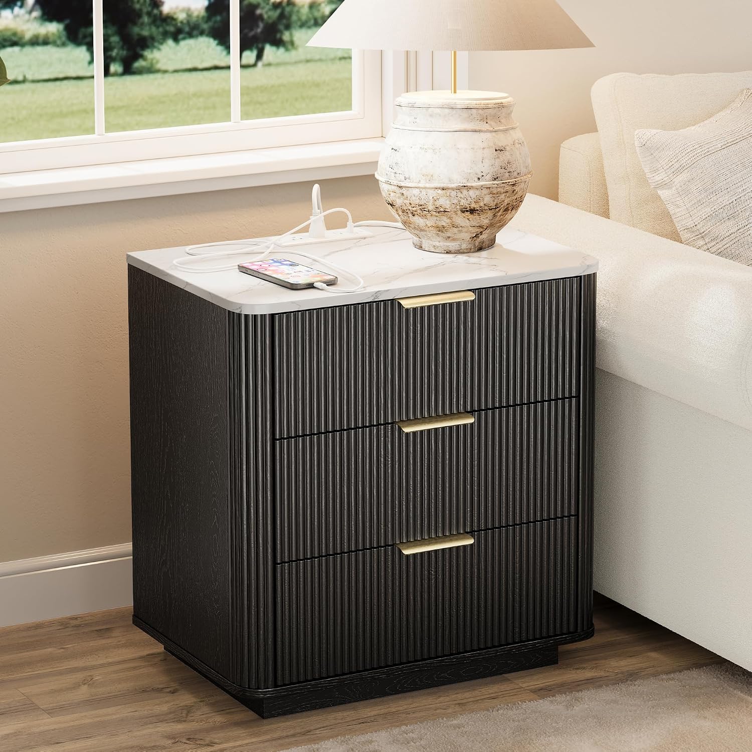 Black Fluted Marble Charging Nightstand