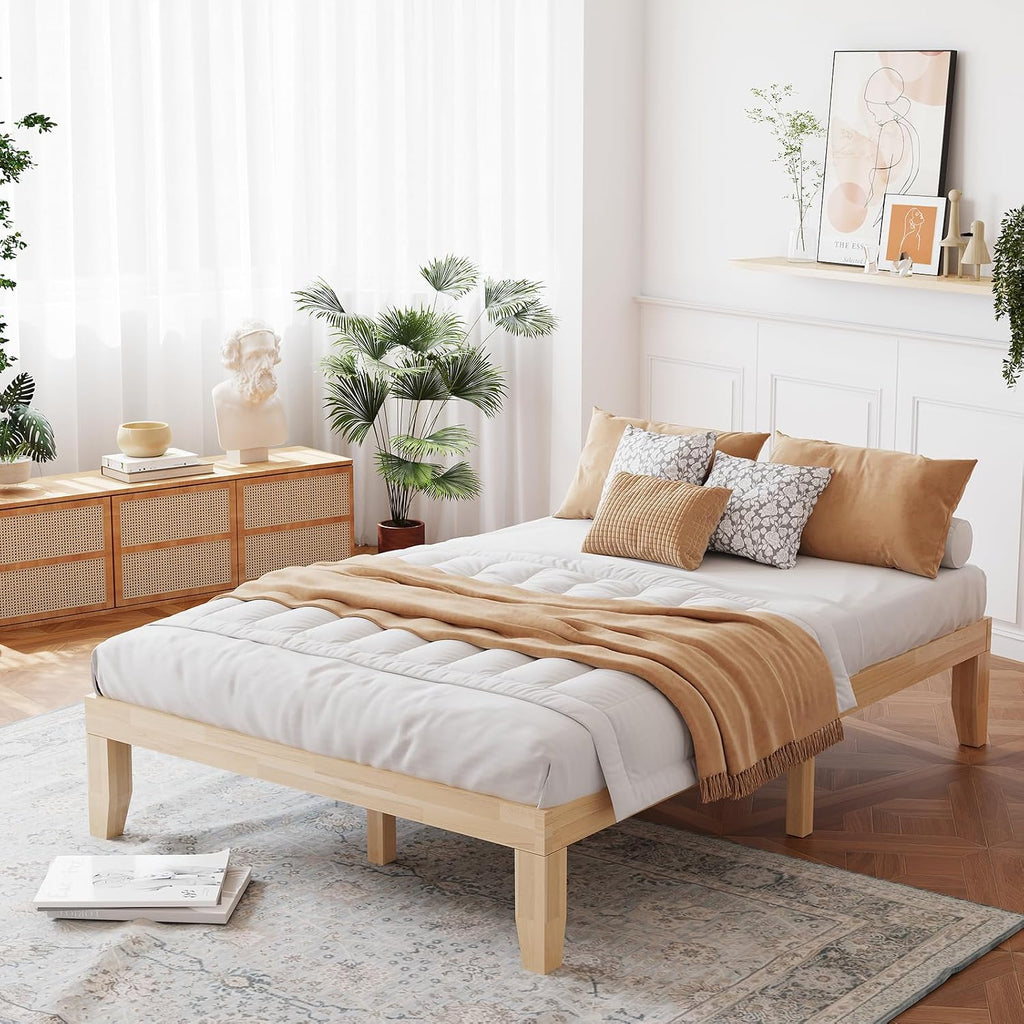 Natural Rubber Wood Full Platform Bed Frame