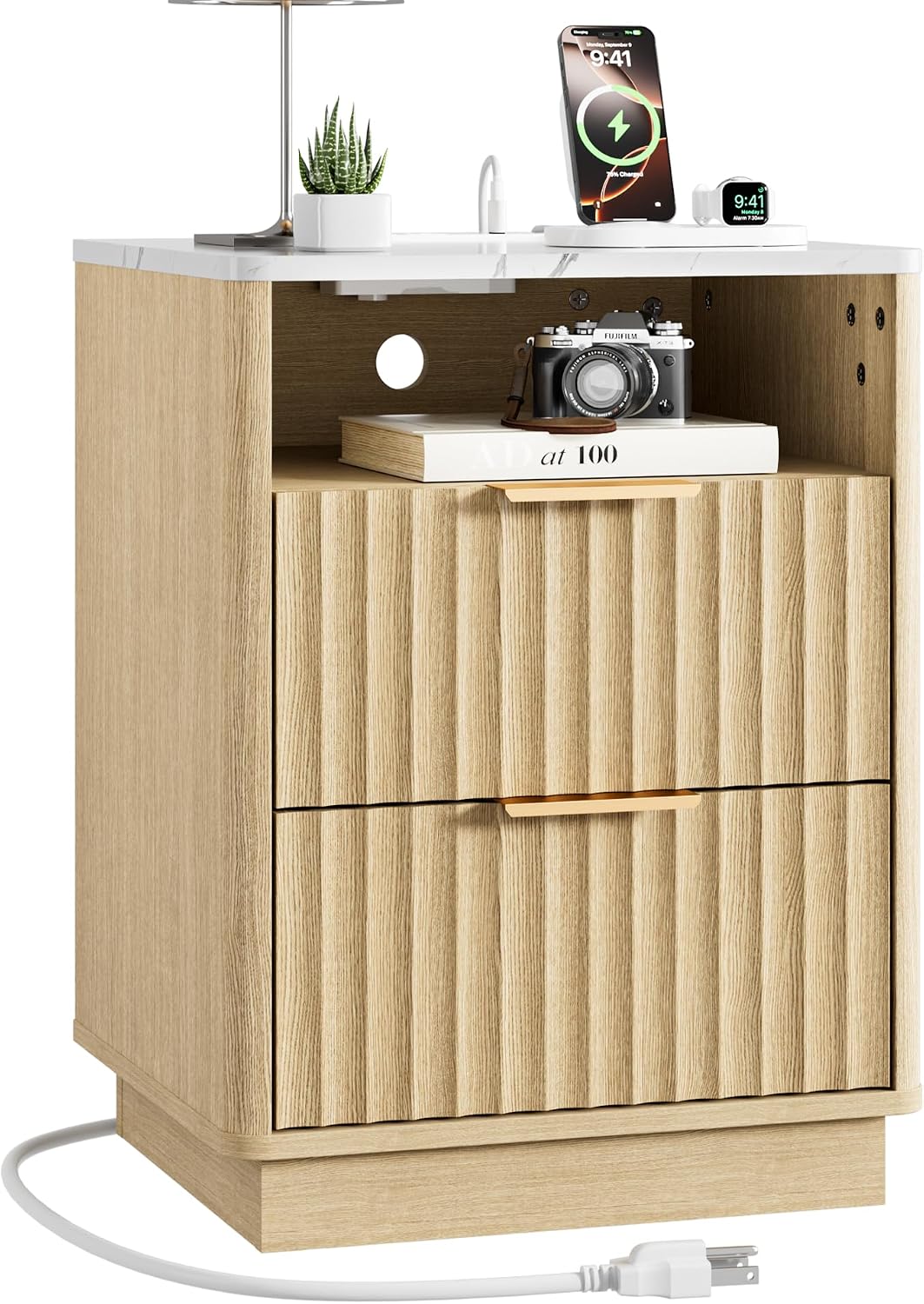 Oak Fluted Marble Charging Nightstand