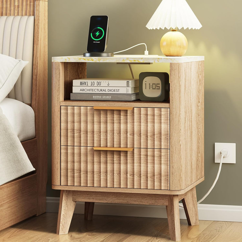 Oak Fluted Marble Charging Nightstand