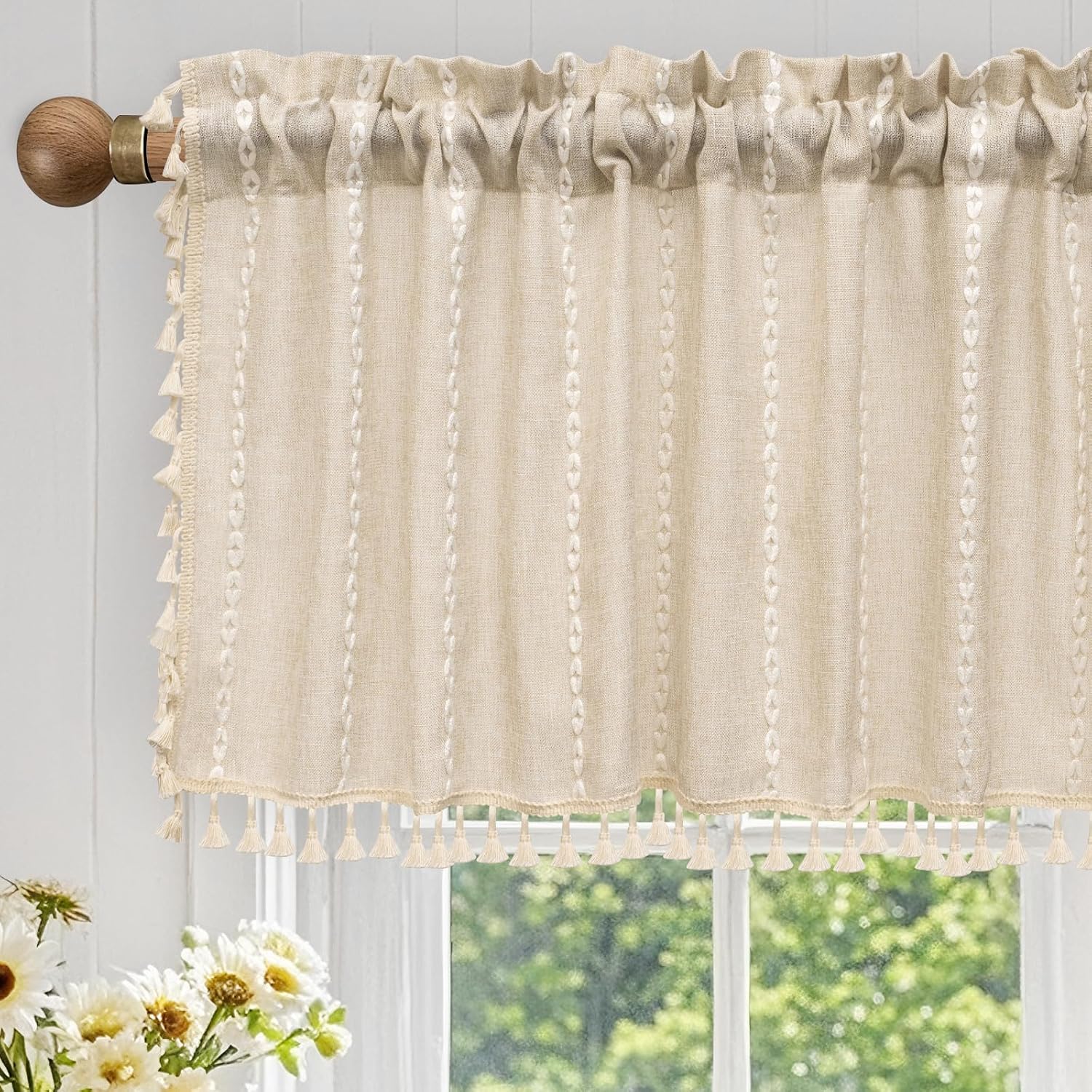Boho Linen Tassel Beige Window Valance