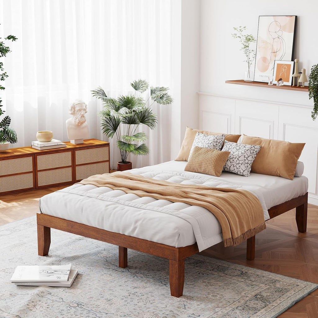 Walnut Rubber Wood Full Platform Bed Frame